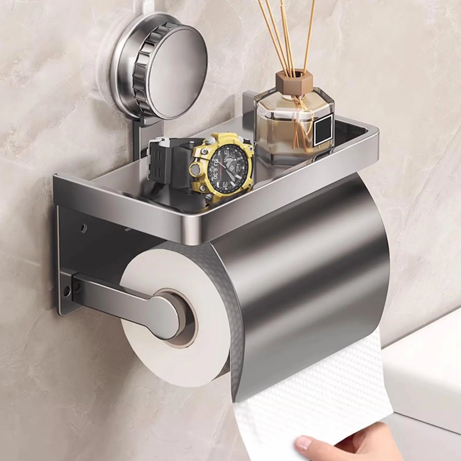 Porte-Rouleau de Papier Toilette avec étagère - en Acier Inoxydable - sans perçage - avec Ventouse - Chrome Poli - Gris