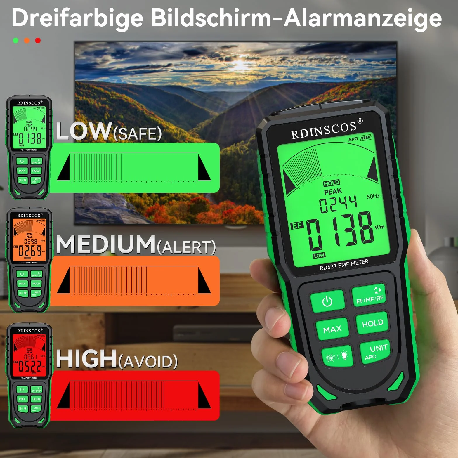 RDINSCOS Mètre EMF, Appareils de Mesure EMF Numérique Rechargeable Détecteur de Rayonnement EMF Numérique Mesure Handheld Détecteur de rayonnement pour EF, MF, RF, WiFi, Micro-ondes Mesureur RF