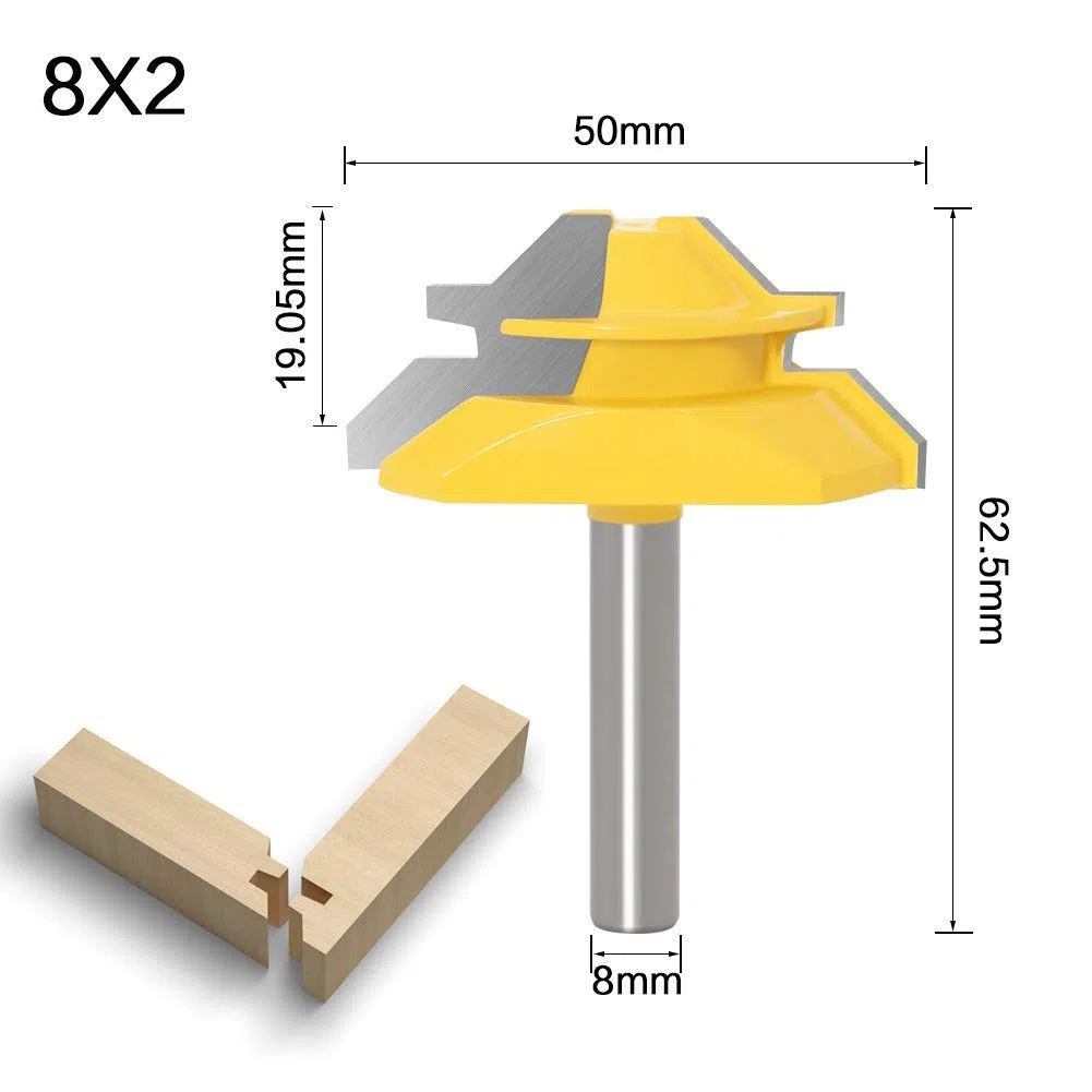 8mm Tige Fraises à Rainurer Set, 3 pièces Fraise à Onglet de 45º, 45 degrés fraise verrouillage set, pour le bois DIY meubles