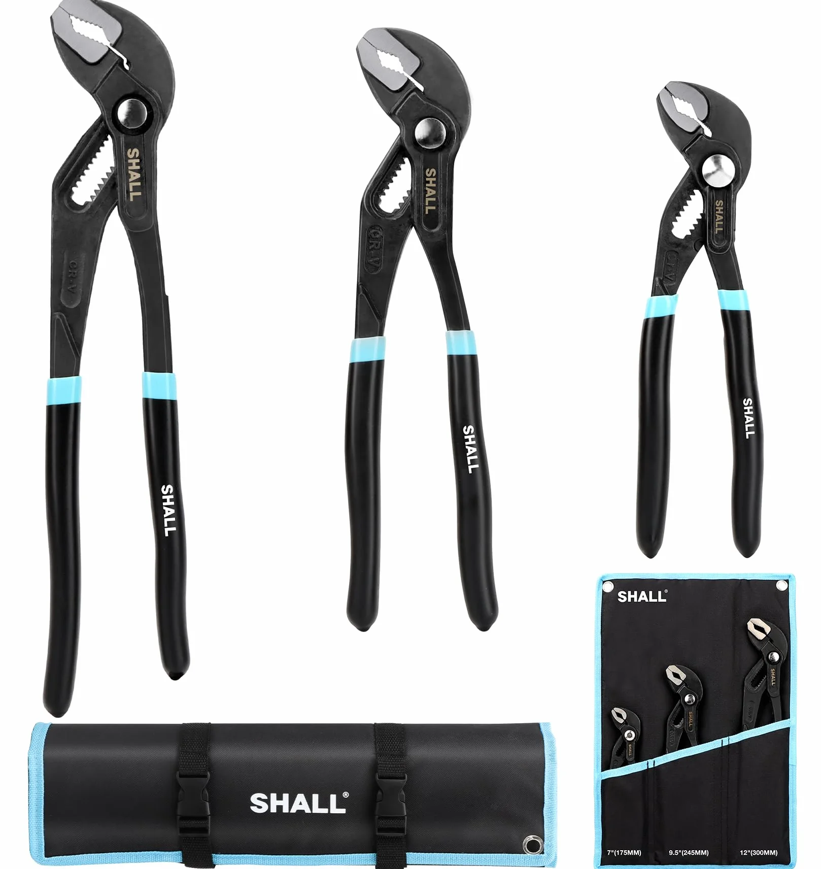 SHALL Lot de 3 pinces à joint rainuré (30,5 cm, 23,5 cm, 17,8 cm), à pompe à eau en acier Cr-V, pince à rainure et languette à réglage rapide avec sac à outils pour réparation domestique et plomberie