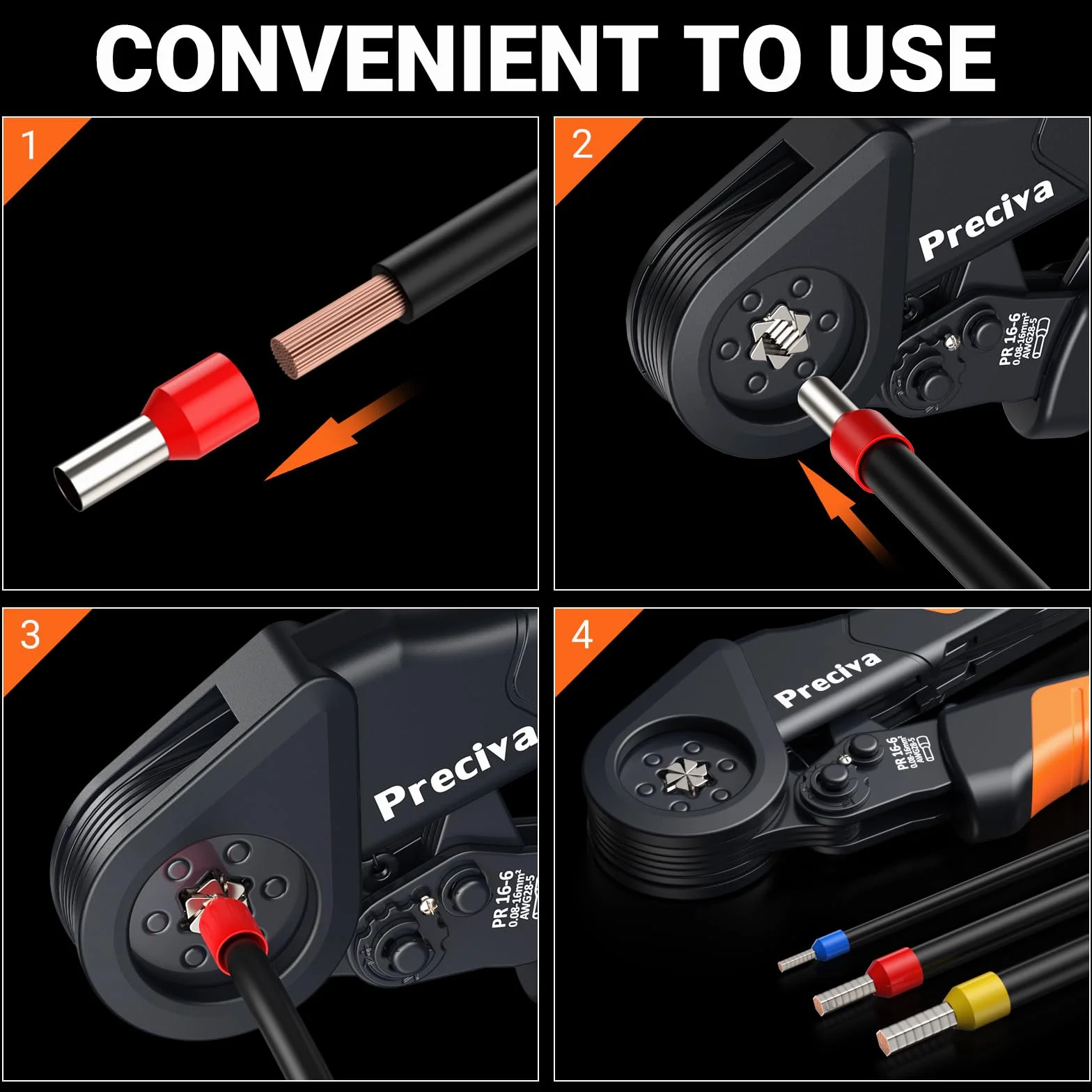 Preciva 0.08-16mm² Pince à Sertir - Pinces à Cliquet Auto-ajustable Hexagonales pour Cosses Electriques, Outils de Sertissage de Ferrules pour Terminaux Câbles Électrique