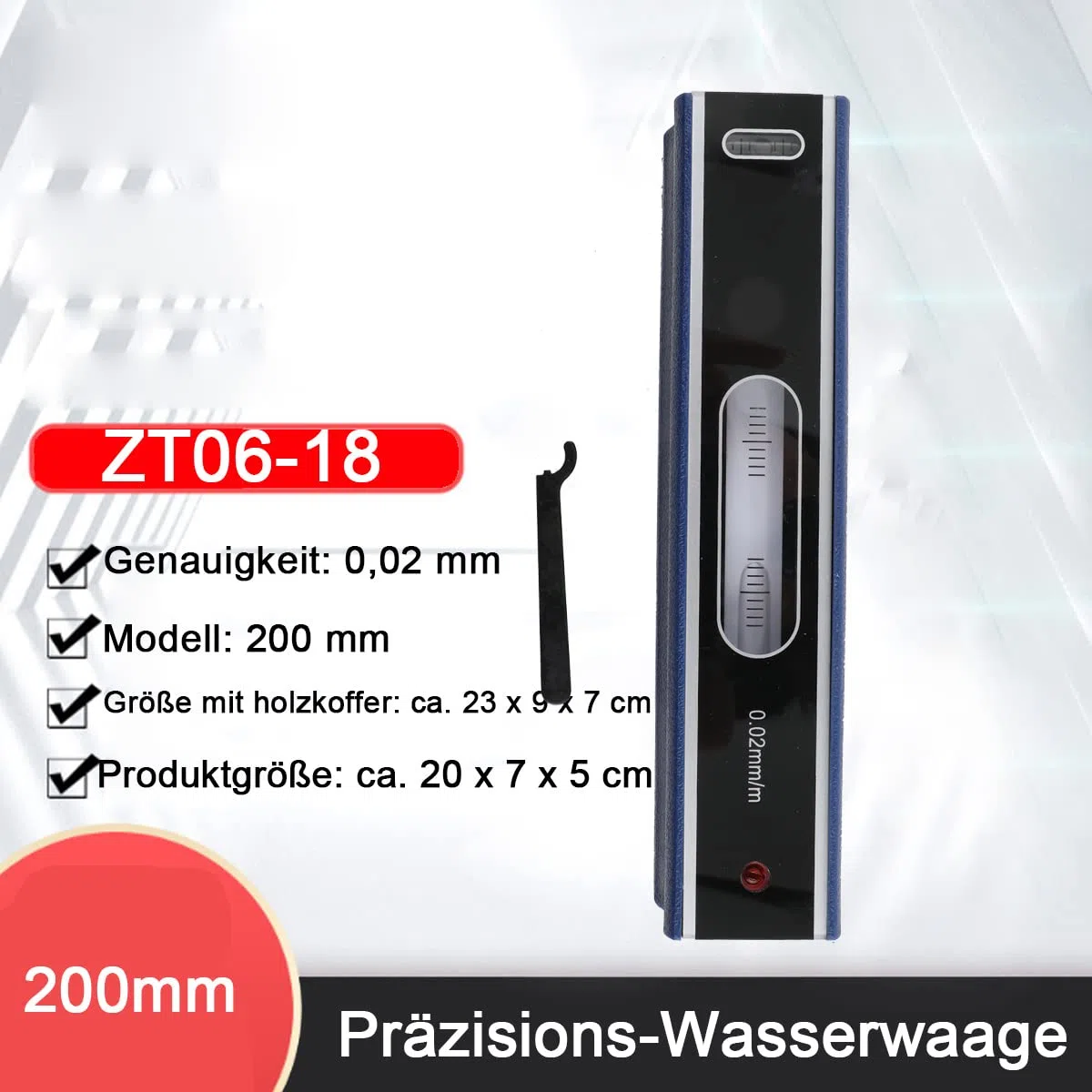 Niveau à bulle pour machine - 200 mm - Niveau à bulle de précision - 0,02 mm - Outil de mesure de niveau de qualité industrielle - Outil de mesure avec boîte