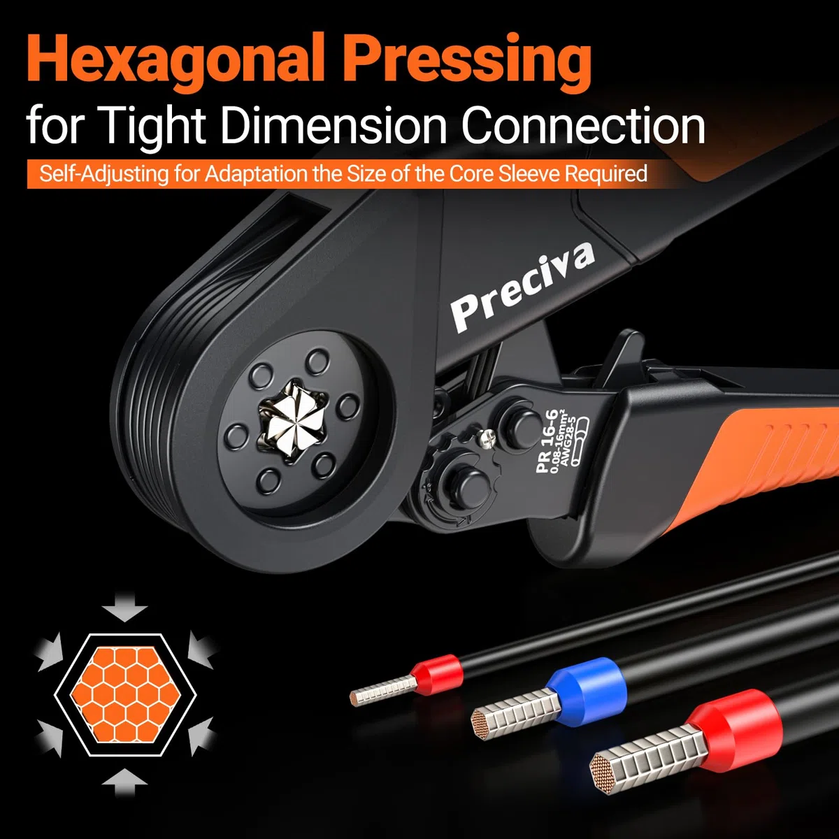 Preciva 0.08-16mm² Pince à Sertir - Pinces à Cliquet Auto-ajustable Hexagonales pour Cosses Electriques, Outils de Sertissage de Ferrules pour Terminaux Câbles Électrique