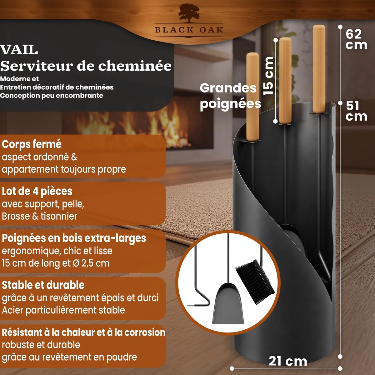 BLACK OAK Ensemble d'accessoires pour cheminée VAIL 4 pièces - ensemble moderne d'ustensiles pour poêle noir avec manche en bois 4 pièces comprenant pelle à cendre, balai à cheminée + support moderne
