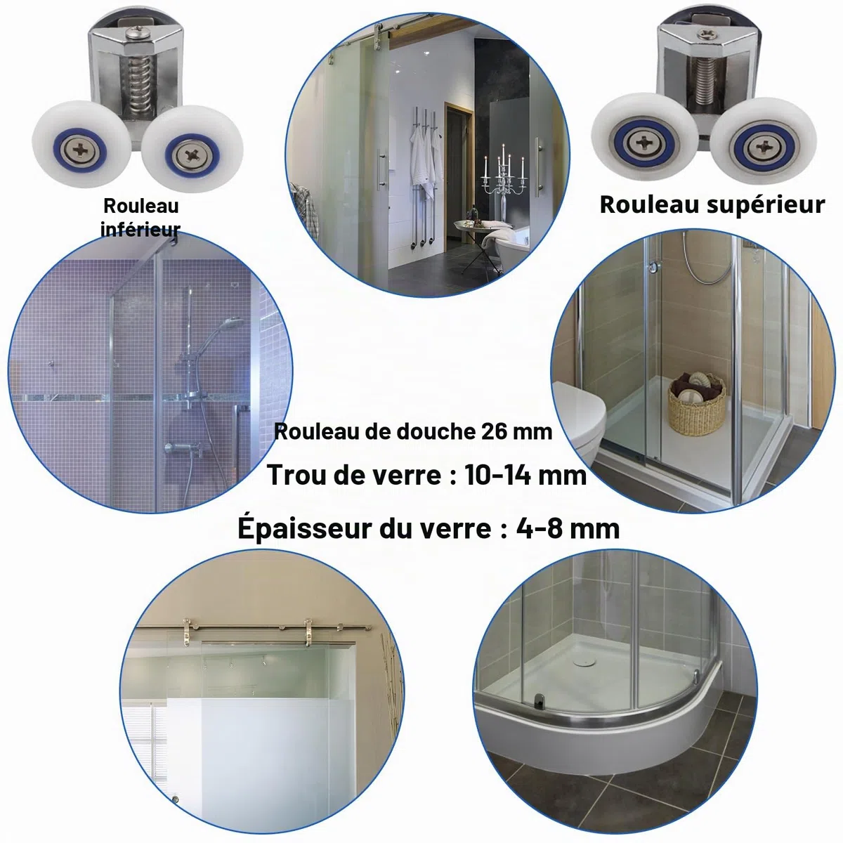 4pcs 26mm Roulette Porte De Douche, 26mm Rouleau De Porte De Douche Dans Portes De Douche, Roulette Porte Coulissante Douche Pour Trou De Verre De 4-8mm