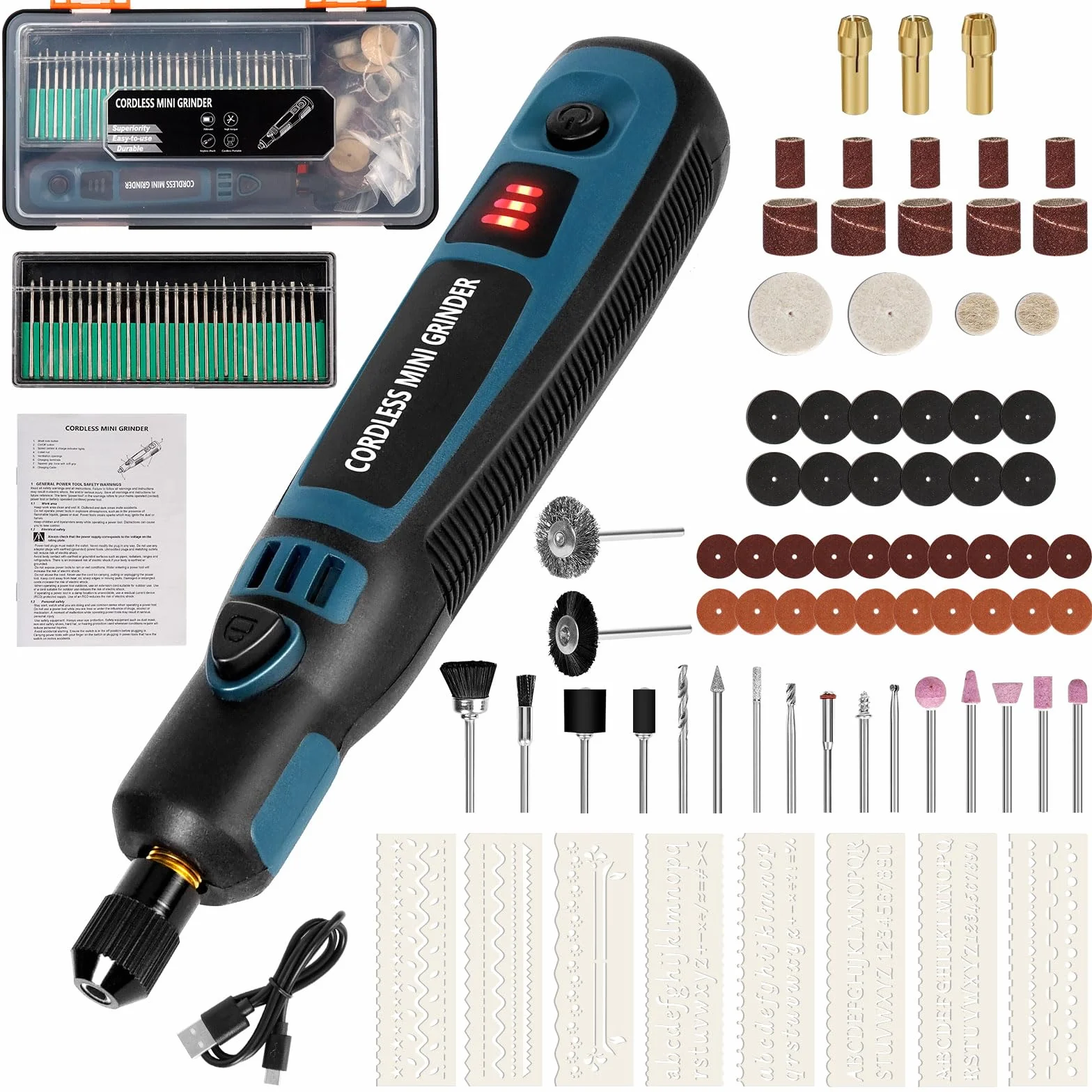 Kit d'Outil Rotatif Multifonction Sans Fil,Mini Stylo Graveur Rechargeable,Mini Meuleuse 3 Vitesses 5000-15000 tr/min avec 96 Accessoires pour Bois/Métal/Verre/Céramique/Bijoux