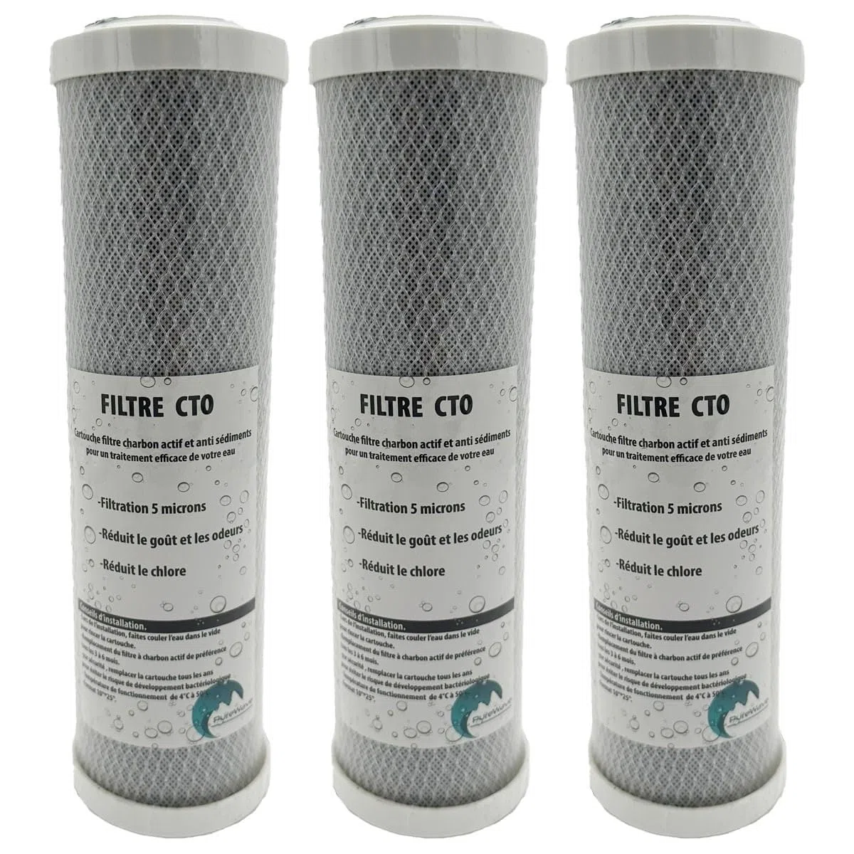 Desineo Lot de 3 Cartouches Charbon Actif + sédiment 5 microns pour Porte Filtre 10 Pouces