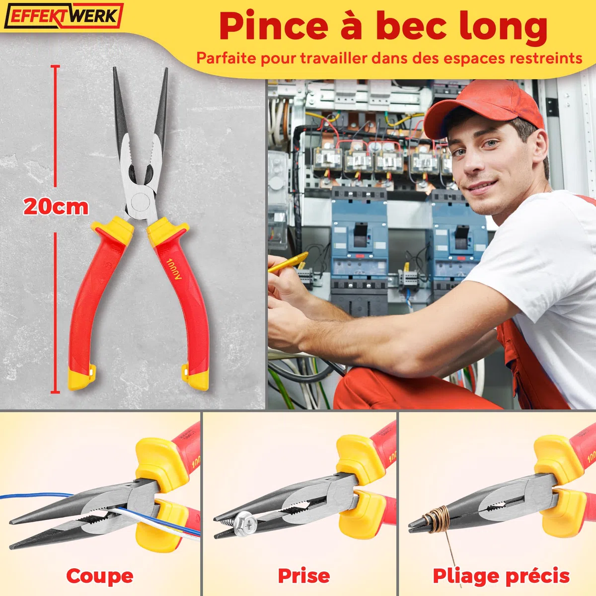 Jeu de 3 pinces pour électricien, isolées et testées VDE, combinées, longues/à bec aiguille et coupantes latérales/pinces coupantes diagonales