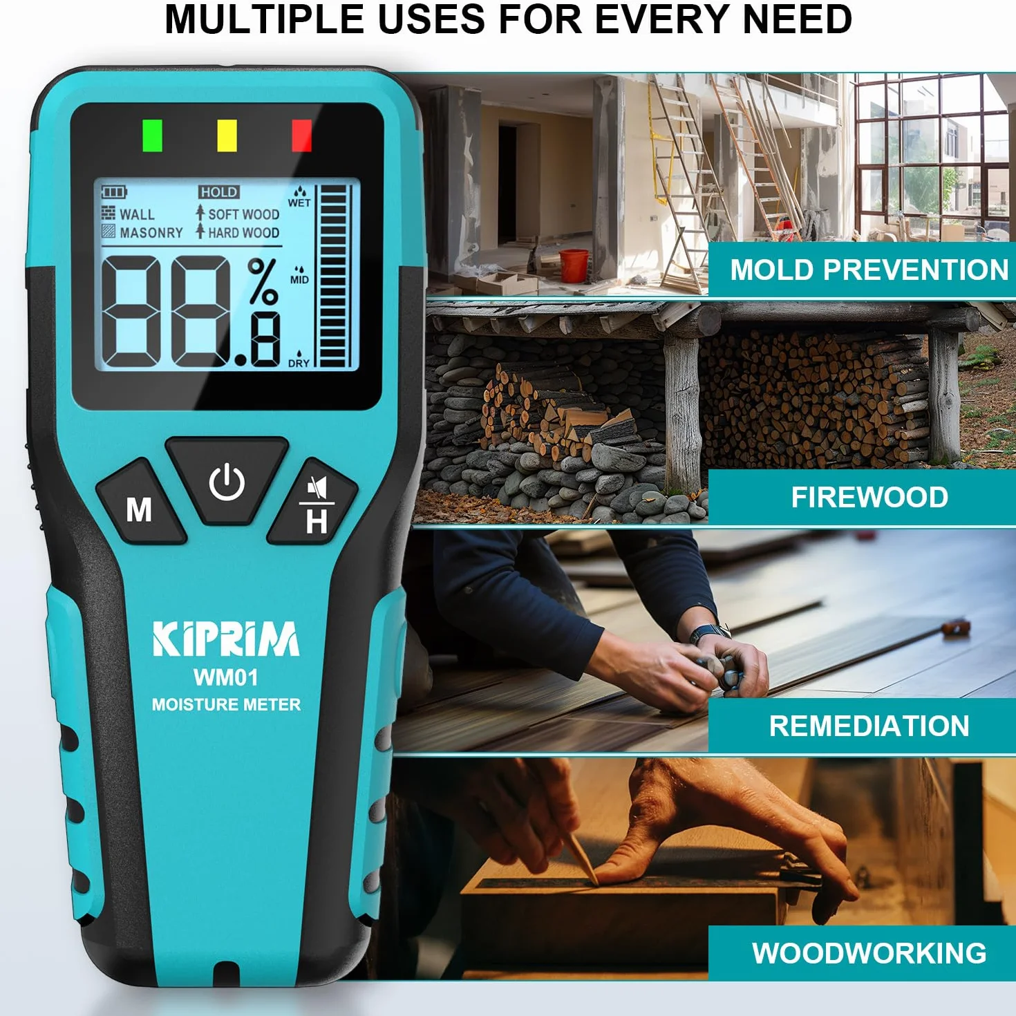 Kiprim WM01 Testeur Humidité Murs Sans Broche pour Le Bois, Les Murs, La Maçonnerie - Mesure Précise et Non Destructif avec 4 Modes, Maintien Des Données et Mode Silencieux