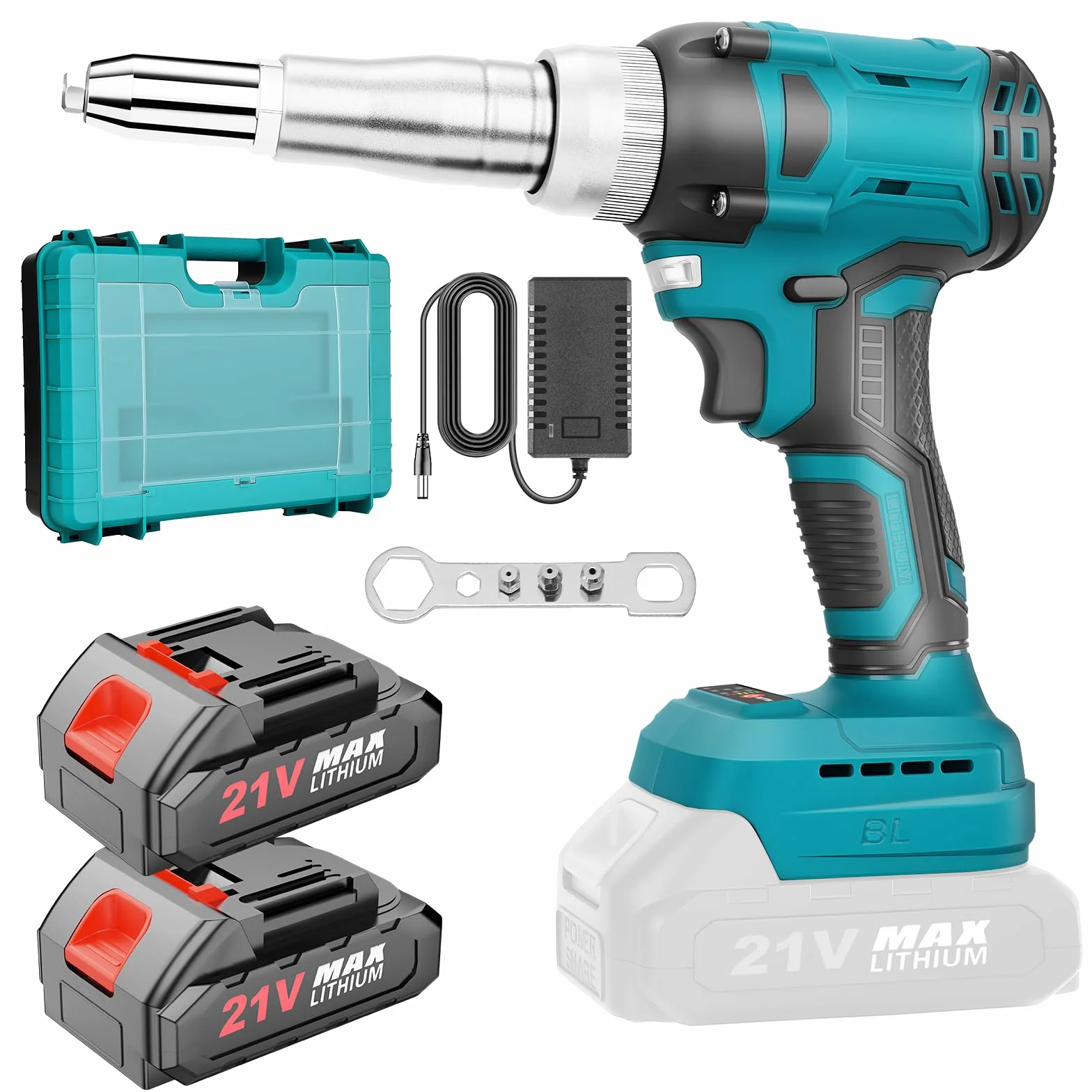 Yofuly Riveteuse Sans Fil Compatible avec Makita 21V Batterie, Electrique Pistolet à Riveter avec 2* Batteries, 20,000N Pince à Rivets Sans Balais avec 3 Adaptateurs et Mallette de Transport