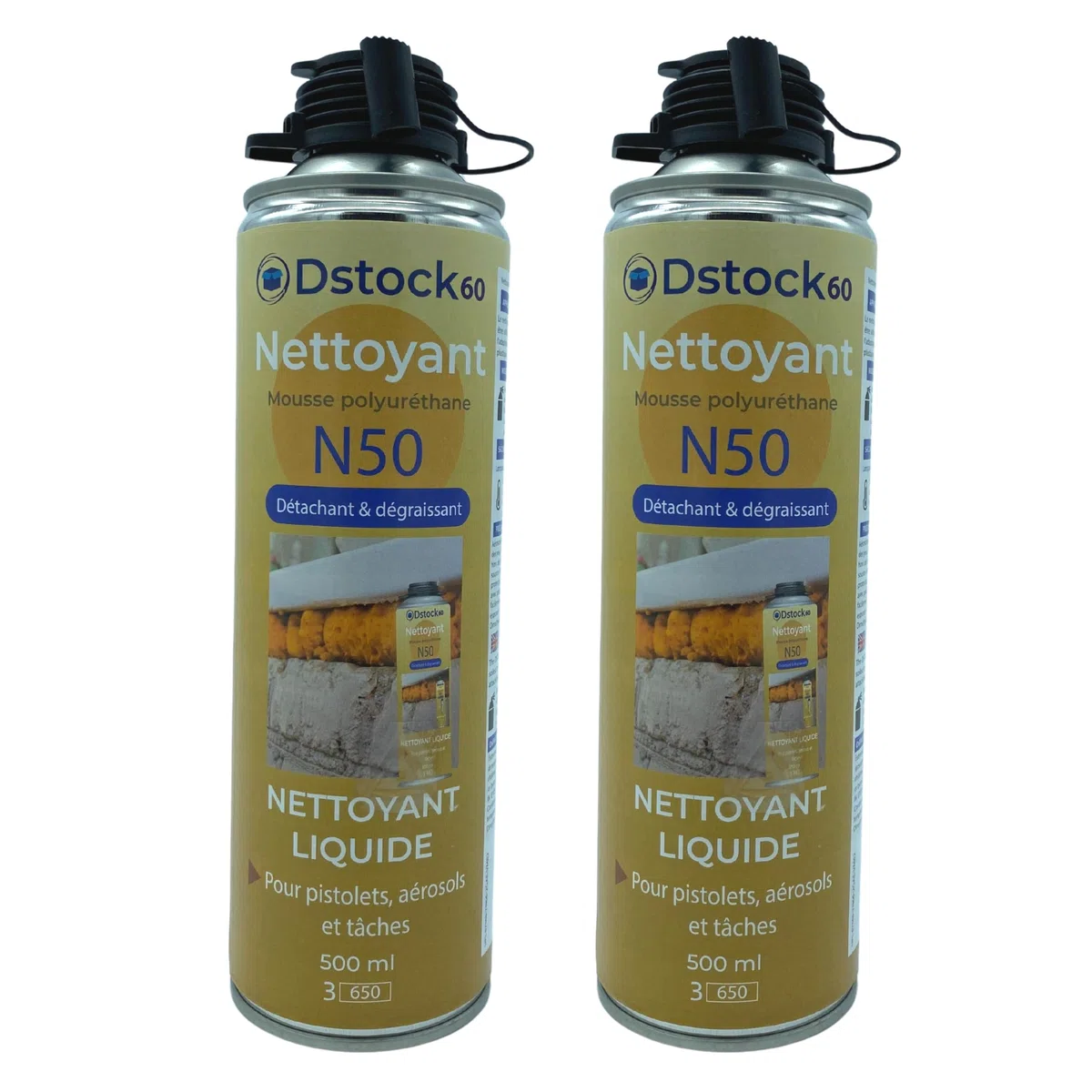 DSTOCK60 - LOT DE 2 NETTOYANTS MOUSSE EXPANSIVE POLYURETHANE - NETTOYANT POUR PISTOLETS, AEROSOLS ET SURFACES - DETACHANT, DEGRAISSANT - 500 ML
