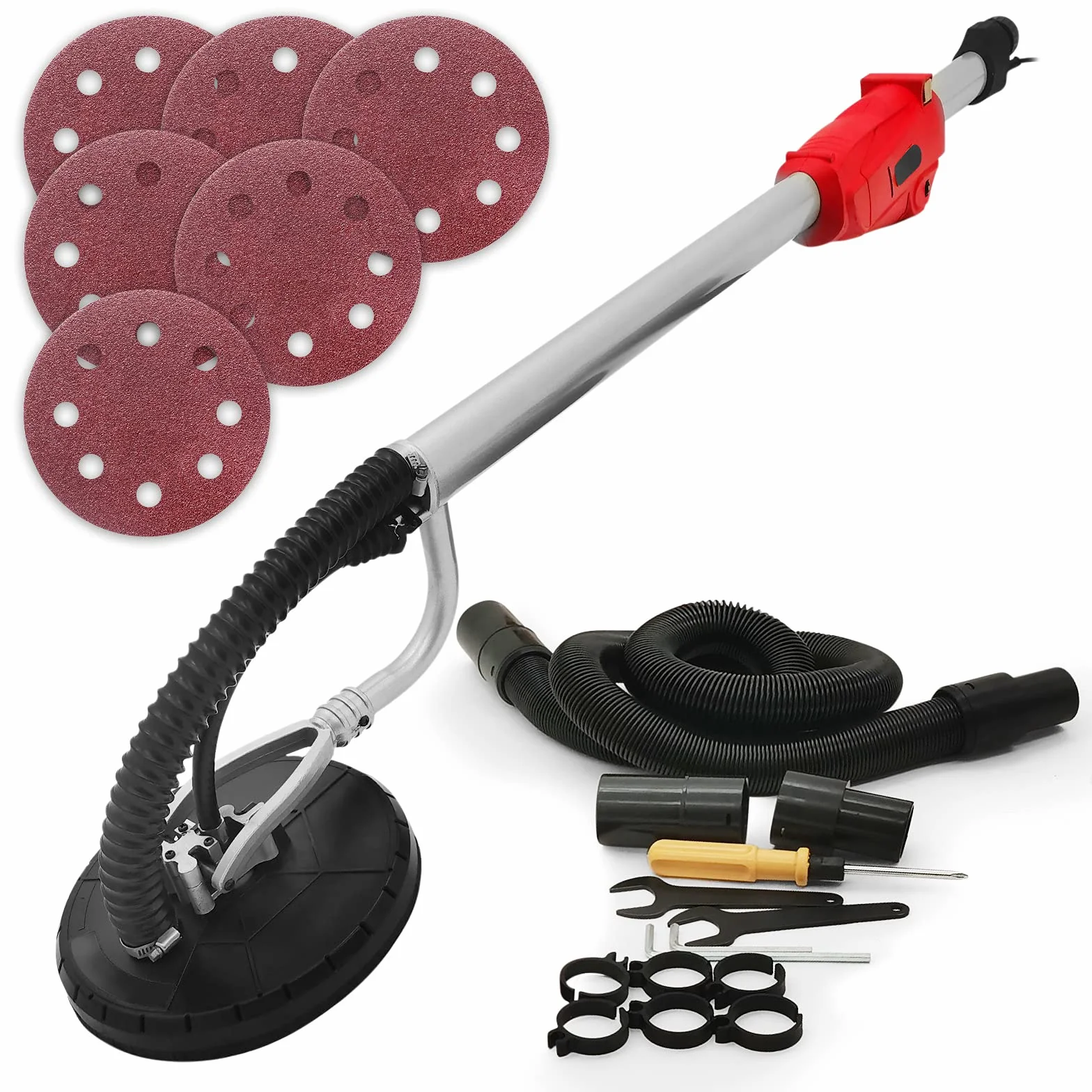 TIMBERTECH® Ponceuse Girafe - 710 W, 6 Disques de Ponçage Ø 220 mm, 1000-2100 tr/min, Noir/Rouge - Ponceuse à Bras, Cloison Sèche, pour Plafond, Mur (Rouge)