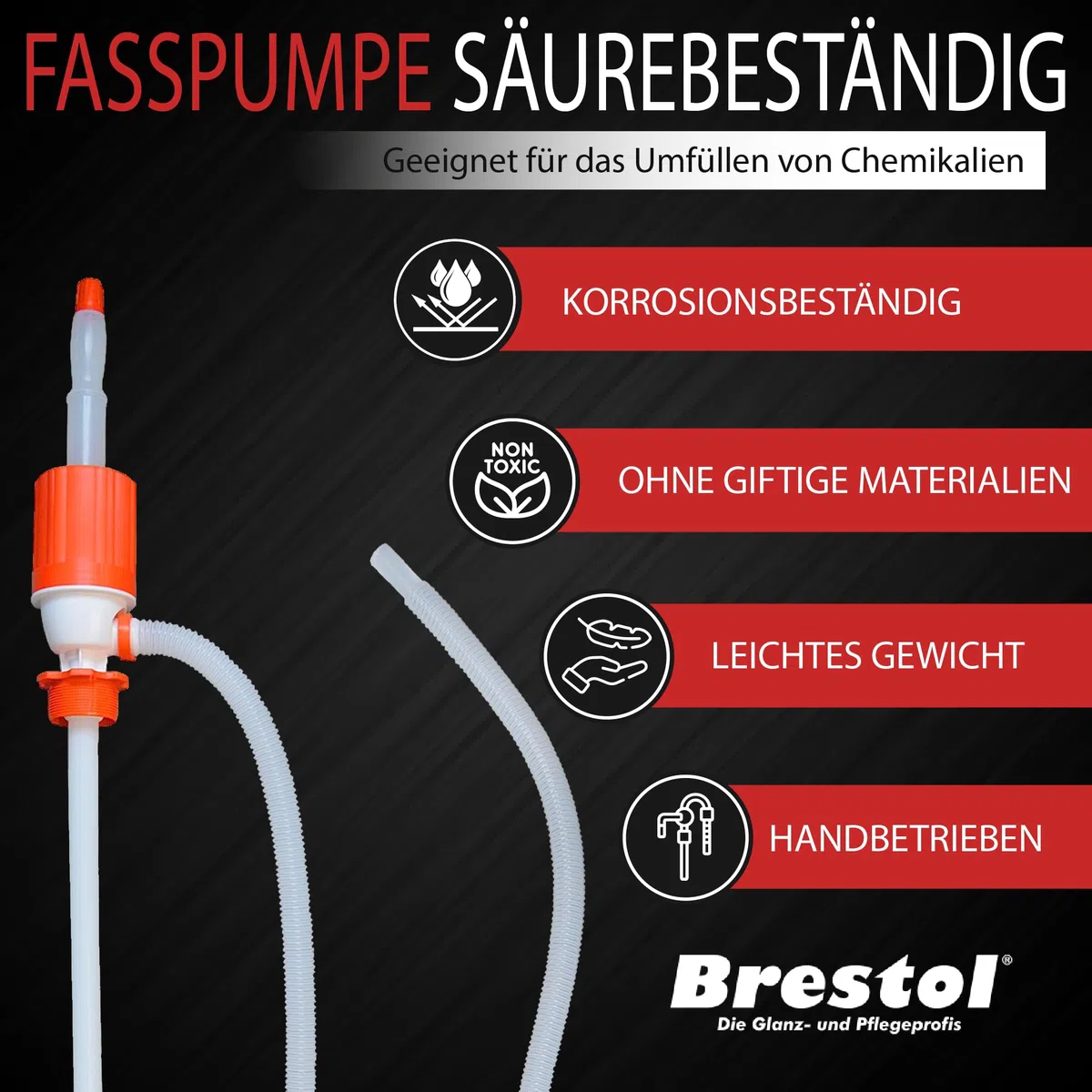 Brestol Pompe à Essence, à Main, Pompe à fût résistante aux acides avec Adaptateur de fût de 210 l pour Essence, Huile Moteur, Eau, acides, alcalis, Diesel, 18,5 l/Minute – Pompe de transvasement