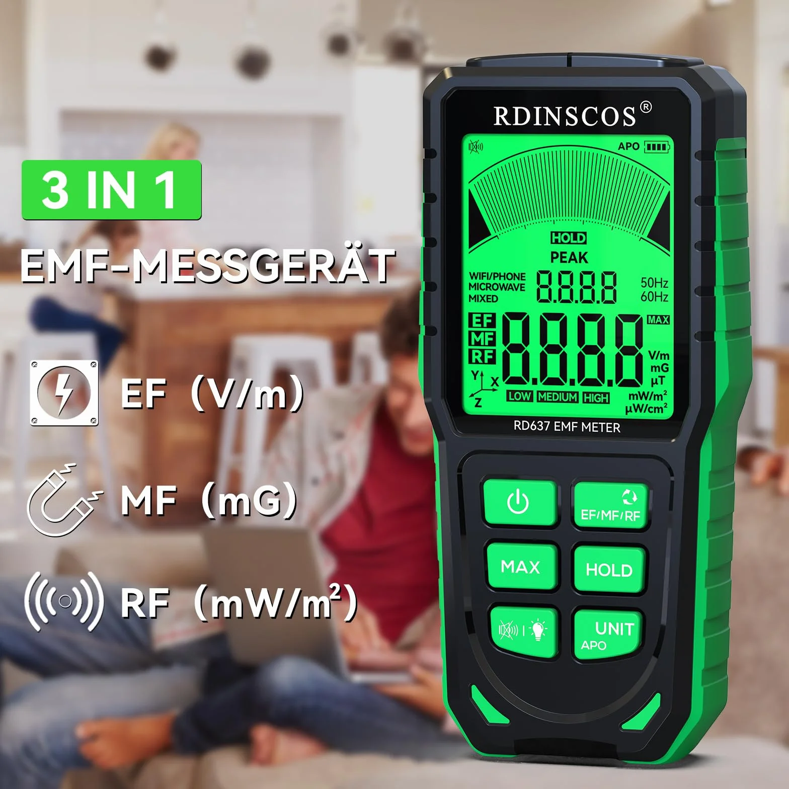 RDINSCOS Mètre EMF, Appareils de Mesure EMF Numérique Rechargeable Détecteur de Rayonnement EMF Numérique Mesure Handheld Détecteur de rayonnement pour EF, MF, RF, WiFi, Micro-ondes Mesureur RF