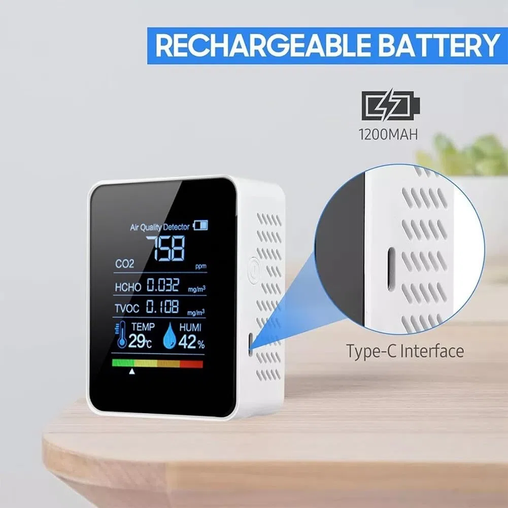 Moniteur de qualité de l'air 5 en 1 Détecteur CO2 d'intérieur Professionnels HCHO TVOC Testeur avec capteur de température et d'humidité Rechargeable Écran LED Analyseur de qualité de l'air