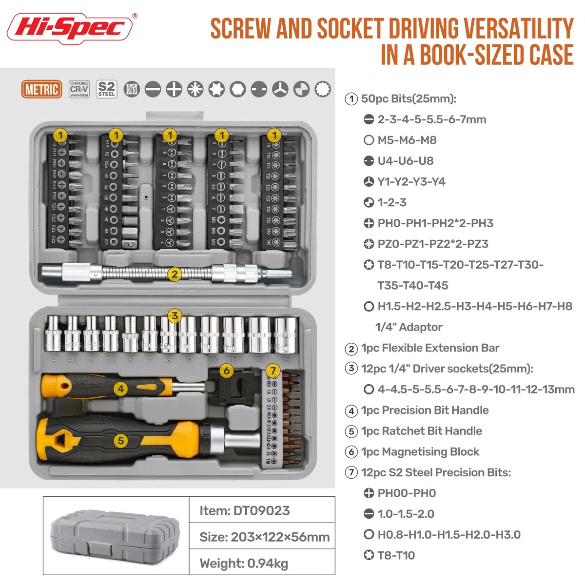 Hi-Spec Coffret de 79 pièces Embouts de Vissage Multiples et Douilles 1/4 pouce avec Poignées. Extension Flexible Embouts de Précision Torx et Antivol 1/4 pouce Hex le tout dans une Mallette