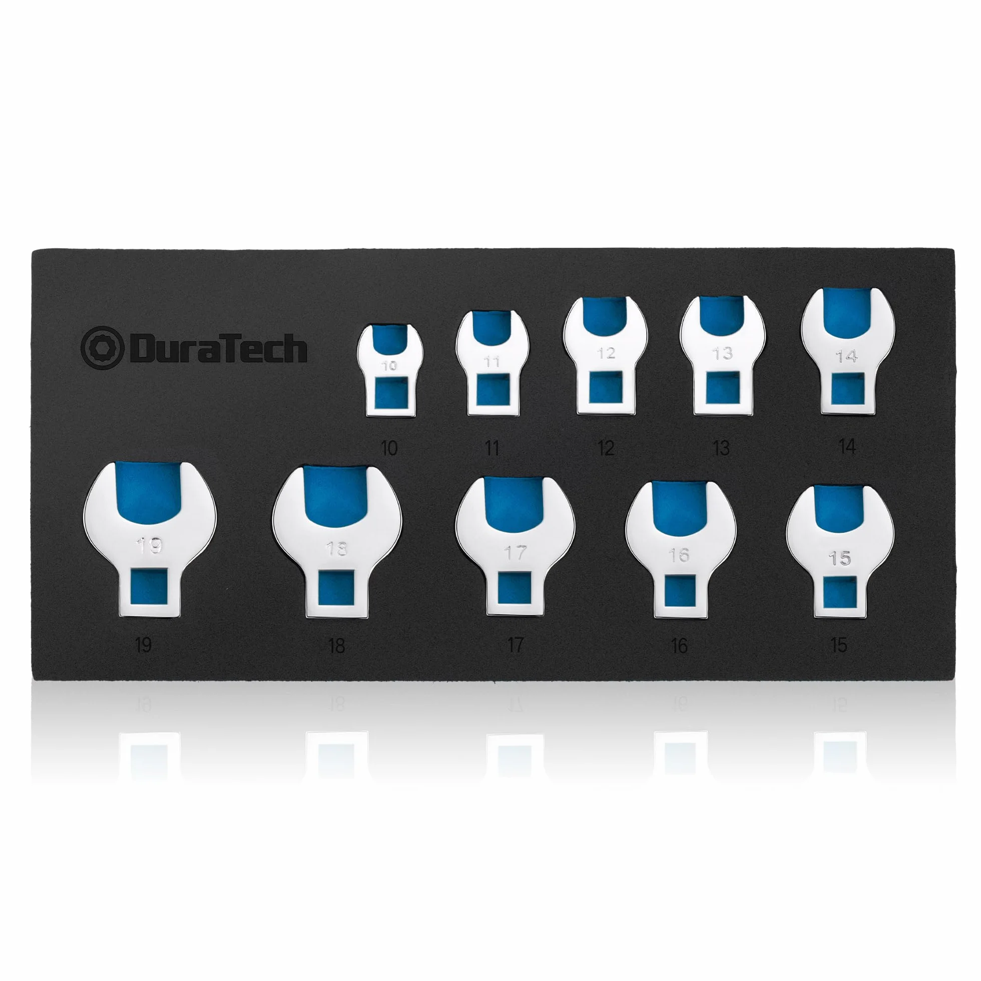 DURATECH Jeu de Clés à Patte d'Oie à Tête Pivotante 3/8", 10 Pièces Clé à Écrou Évasé, Jeu de Clés Crowfoot à Tuyauter 10-19 mm, Acier Cr-V, avec Organisateur d'Outils en Mousse EVA