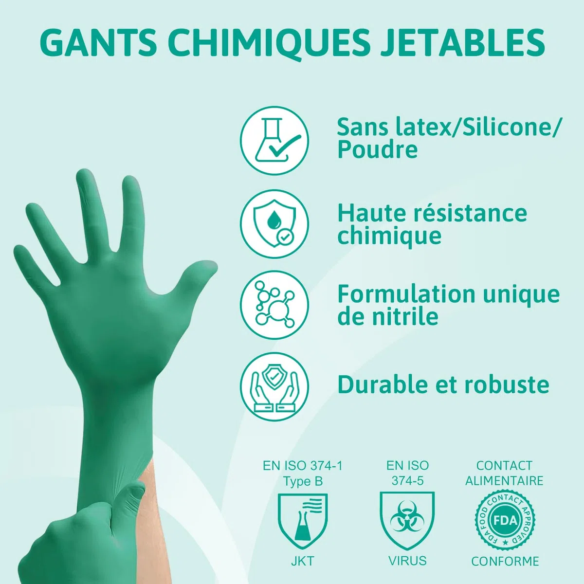 Ansell TouchNTuff 92-600, Gants jetables pour travaux lourds, Gants nitrile contact alimentaire, Gants de protection chimique et mécanique, Sans latex, Boîte de 100 gants en nitrile verts, Taille L