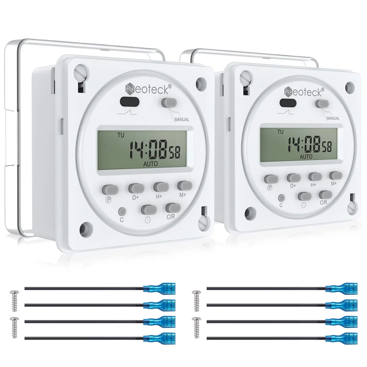 Neoteck 2pcs 12V 16A Prise Programmateur Digital à 16 Programmes Horloge Programmable Minuteur Prise Electrique LCD Affichage Numérique Antivol avec Boîtier Étanche/Ensemble de Borniers de Connexion