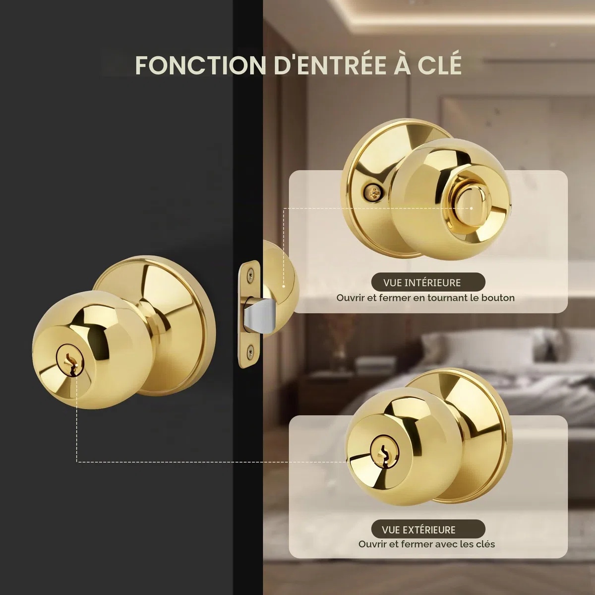 Bouton de porte en forme de boule avec clés et serrure, poignée de porte d'entrée à clé ronde pour portes d'entrée/d'entrée, finition laiton poli