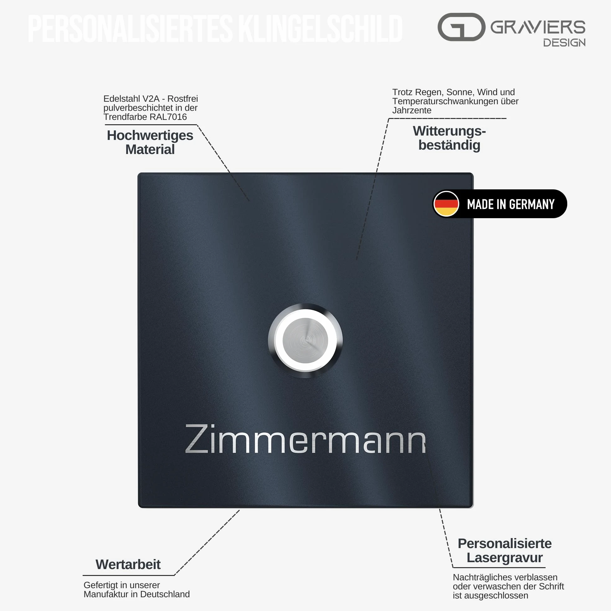 Plaque de Sonnette Carrée Personnalisée Graviers Design en Acier Inoxydable Anthracite RAL 7016 – Gravure Laser Nom – Bouton LED au Choix – 60x60 à 110x110mm – Made in Germany