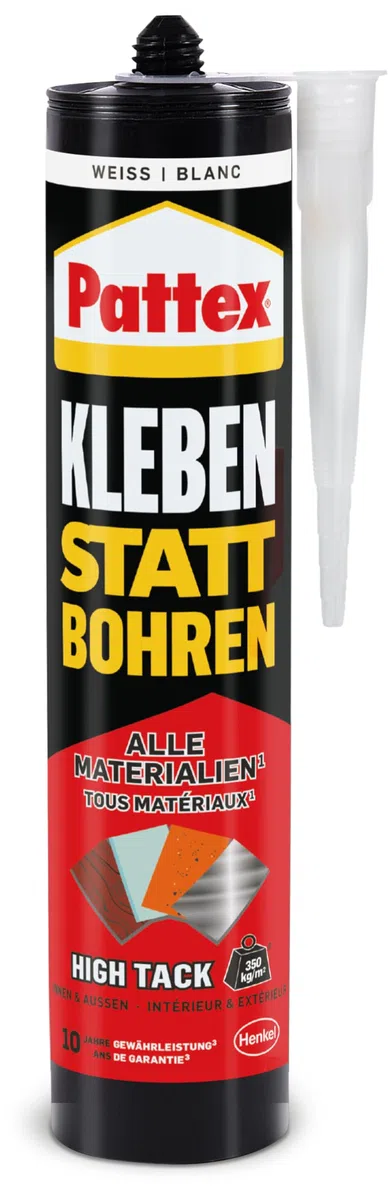 Pattex Colle au lieu de percer High Tack, colle de montage et colle de construction à haute adhérence initiale, colle forte pour presque toutes les surfaces, colle polyvalente flexible, cartouche de