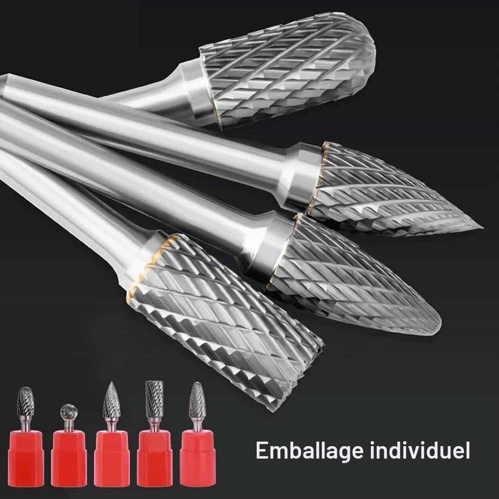 ASNOMY Kit de 5pcs Fraises Rotatives en Carbure de Tungstène Double Coupe Tige 6mm Tête 10mm Outil Perceuse Ponceuse Electrique Pour la sculpture sur métal, le polissage, la gravure