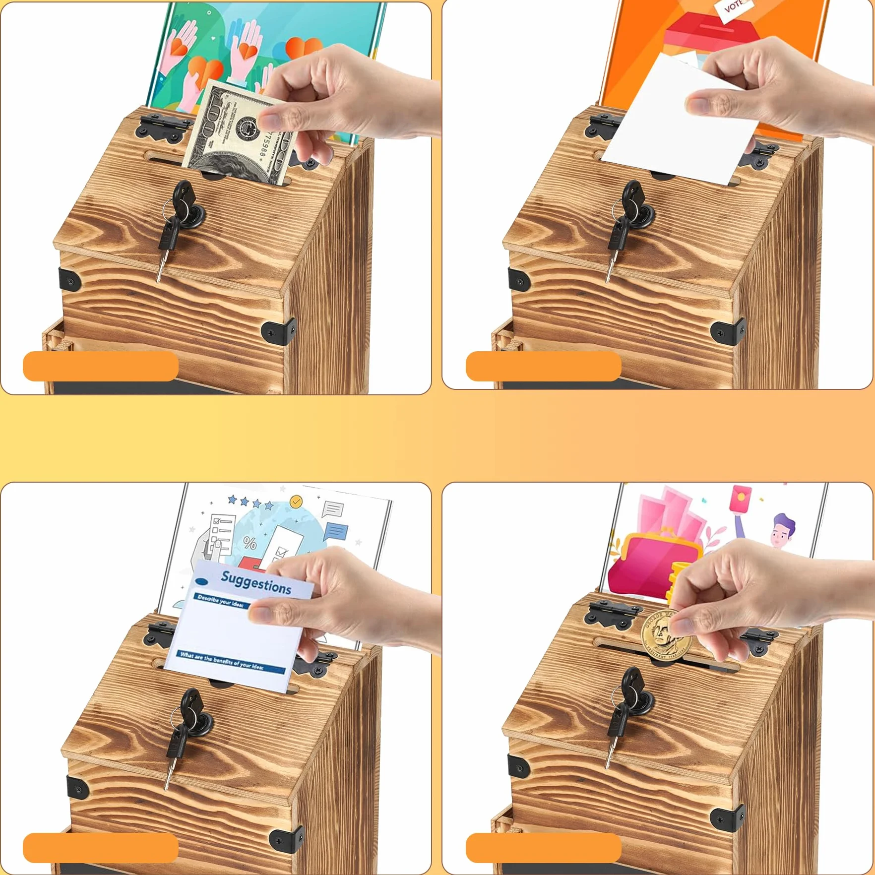 Boîte en bois proposant un compartiment à journaux, boîte aux lettres verrouillable et une urne