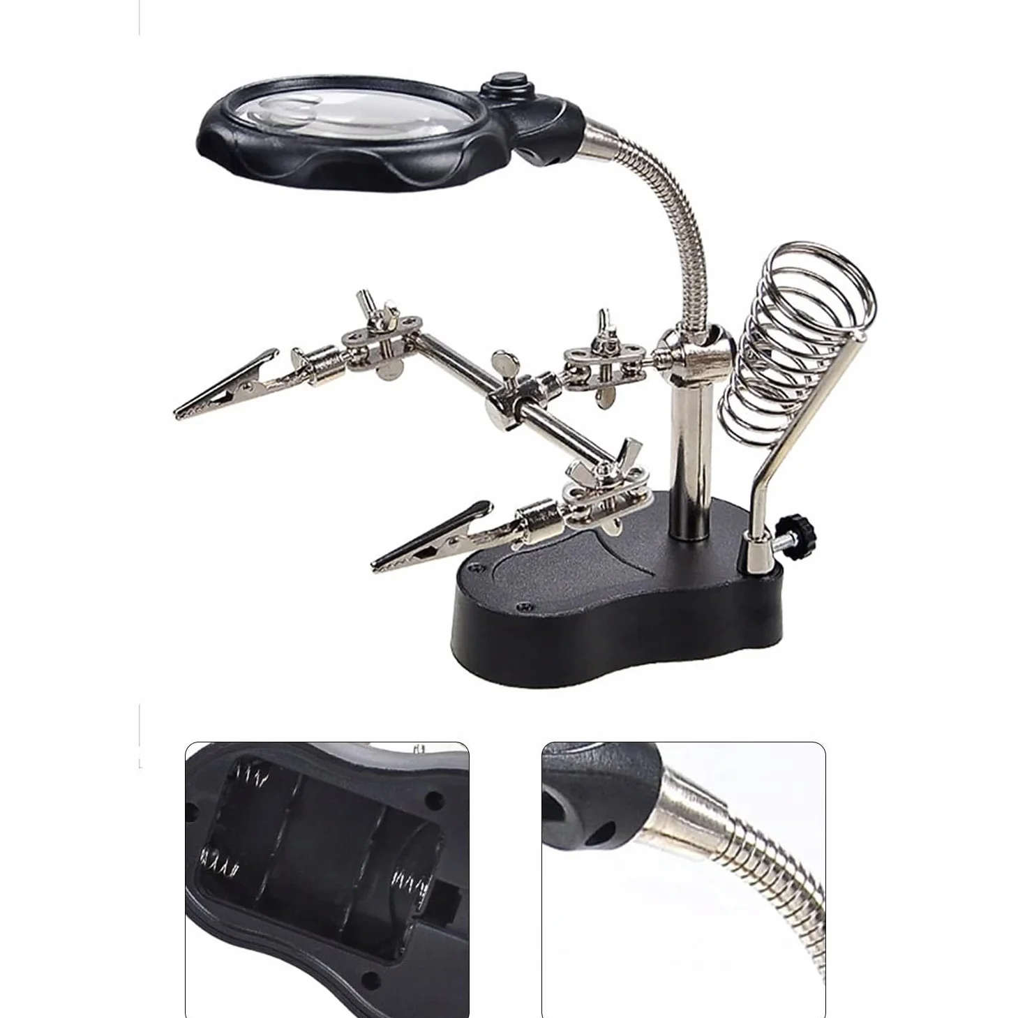 Troisième Main avec Loupe TE-801 – Grossissement 3,5x/12x, LED x2 | Base 10x6cm, Hauteur 26cm | Support Fer à Souder | Pour Soudure, Électronique | Accessoire Atelier