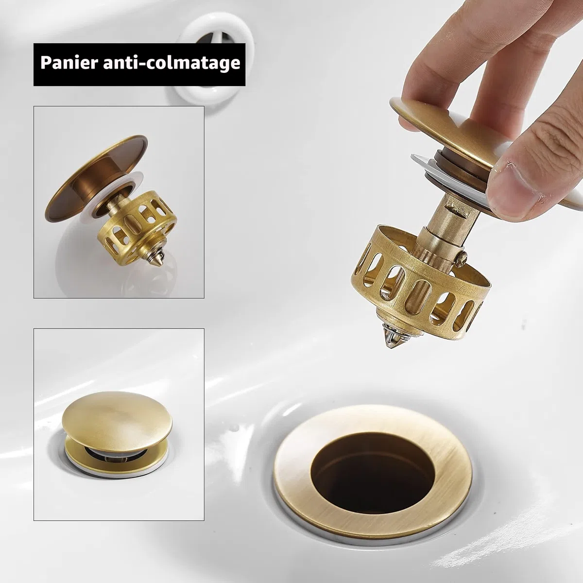 Antique Bonde de Lavabo Pop Up avec Trop Plein, Bouchon de Vidange avec Panier à Crépine,Bonde de vidage pour lavabo de Salle de Bain Laiton