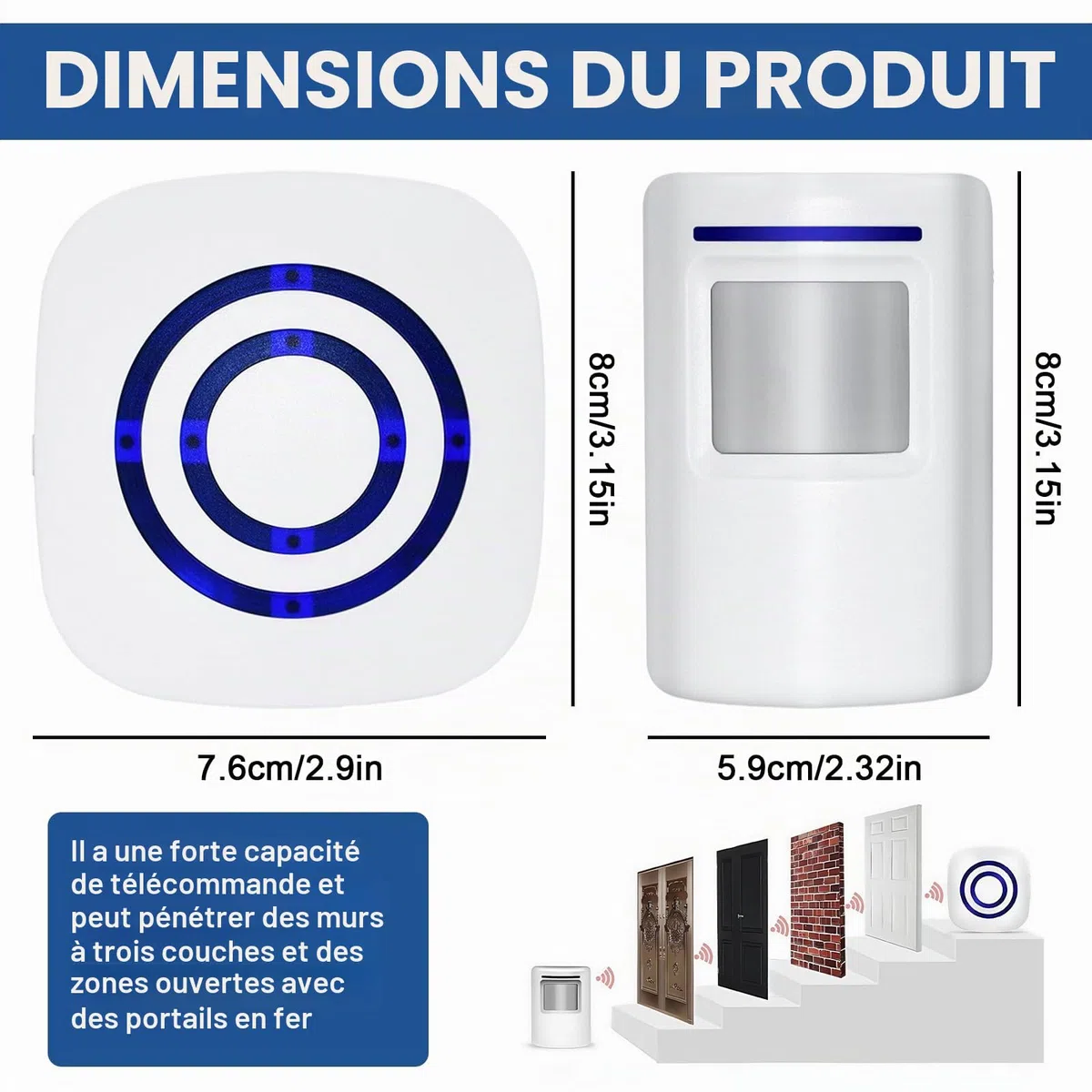 BORDEAG Détecteur de Passage Sans Fil avec Sonnette, Détecteur de Mouvement avec Alarme, Sonnette de Prise avec 36 Mélodies, Sans Fil
