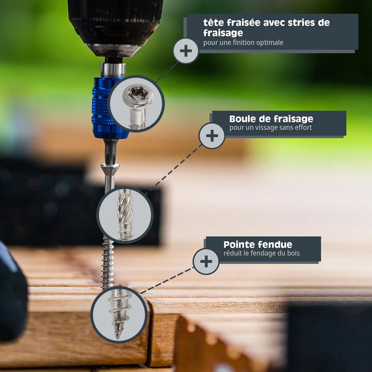 HELPMATE – Vis pour terrasse – 5x50 mm – acier inoxydable A2 – 200 vis pour planches + 2 embouts T25 – Vis pour l'extérieur