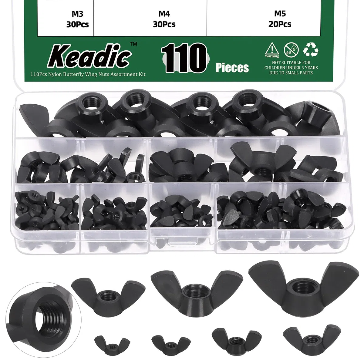 Keadic Lot de 110 écrous à ailettes métriques en nylon M3 M4 M5 M6 M8 M10 M12 Hand Twist Serrage Oreille Papillon Écrous à ailettes pour Home Building Industry (noir)
