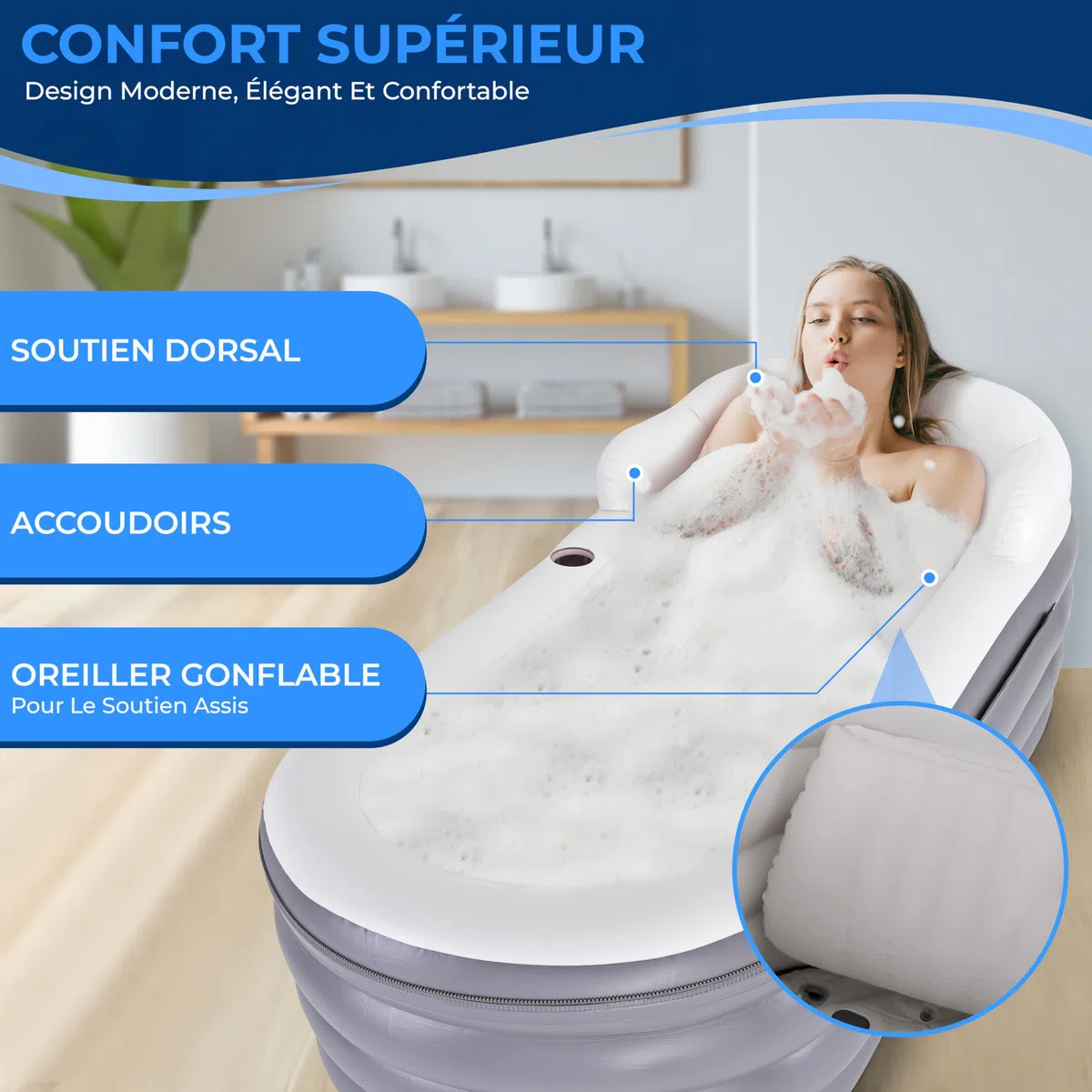 SereneLife Baignoire de Spa avec Tapis de Massage à Bulles, Baignoire Gonflable avec Coussin, Porte-Gobelet, Télécommande pour Éclairage LED, Dossier et Accoudoirs, Convient jusqu'à 86 kg