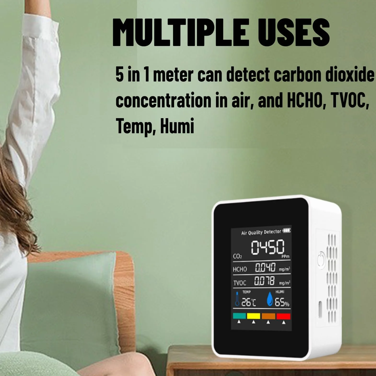 Détecteur de CO2 ABS Moniteur de qualité de L'air Intérieur à Piles 5 en 1 Dioxyde de Carbone HCHO TVOC Temp Humi Mètre