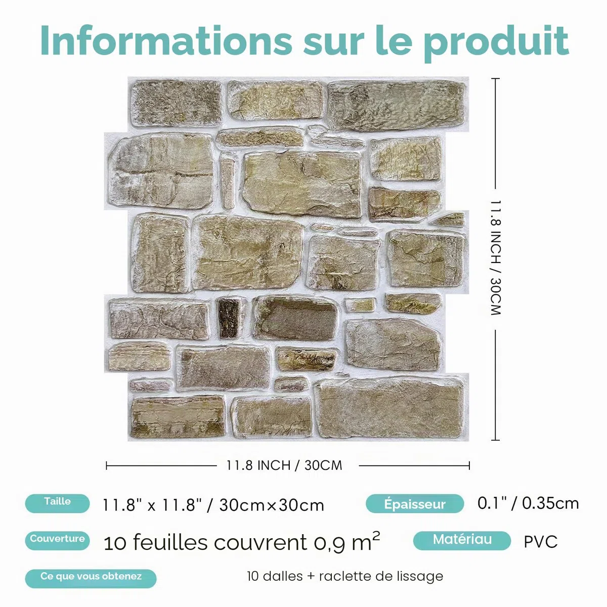 Commomy Panneaux Muraux 3D Effet Pierre Brique Autocollant, 10 Pièces, Papier Peint Brique Auto Adhesif Mural 3D, 30 x 30 cm, PVC Revêtement Mural Imperméable pour Salon Cuisine Cheminée Chambre