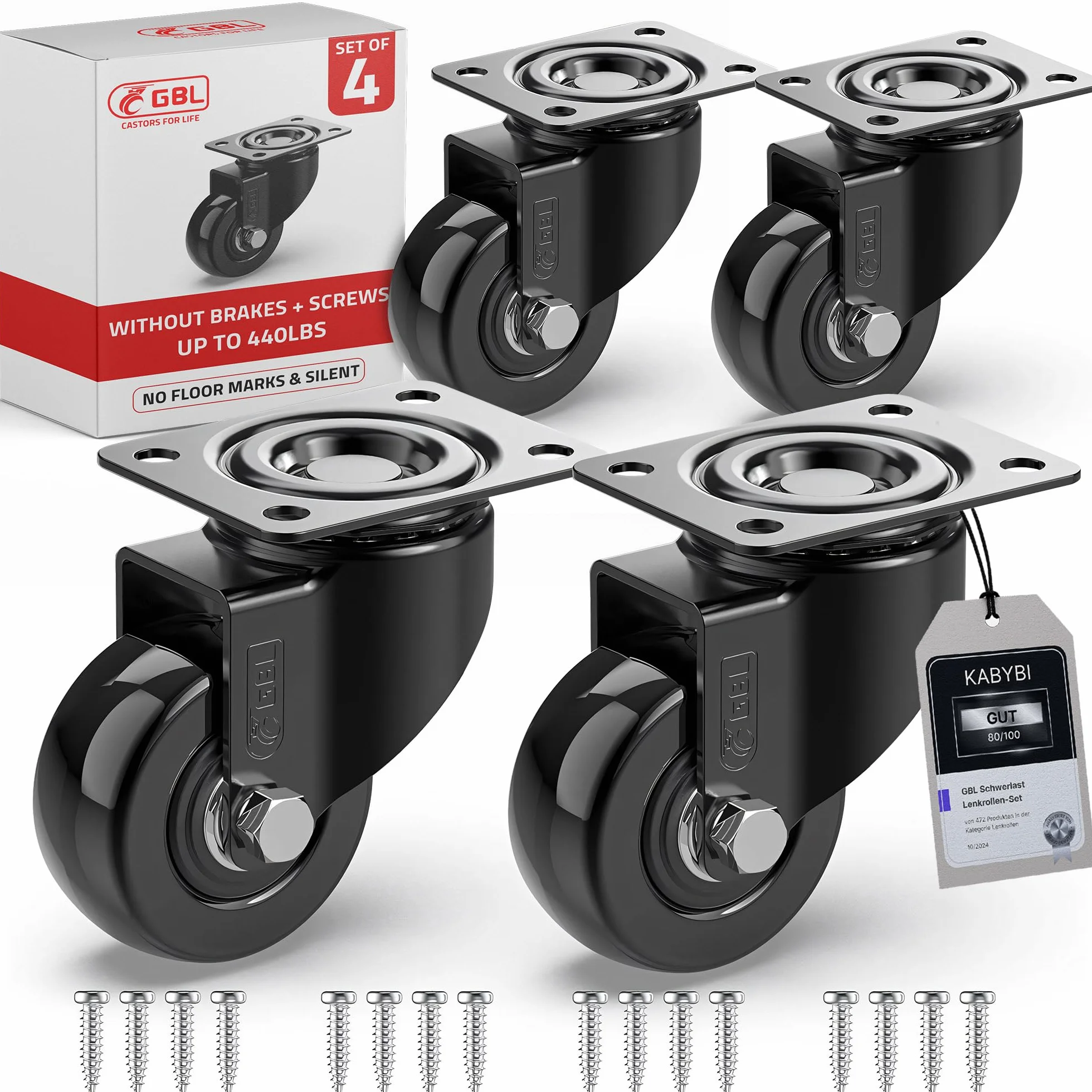 GBL 4 Roulettes Pivotantes Pour Meubles sans Frein + Vis - 50mm Jusqu'à 200KG - Roulette Sans Traces au Sol pour Charge Lourde - Roue en Caoutchouc pour Chariot - Noires