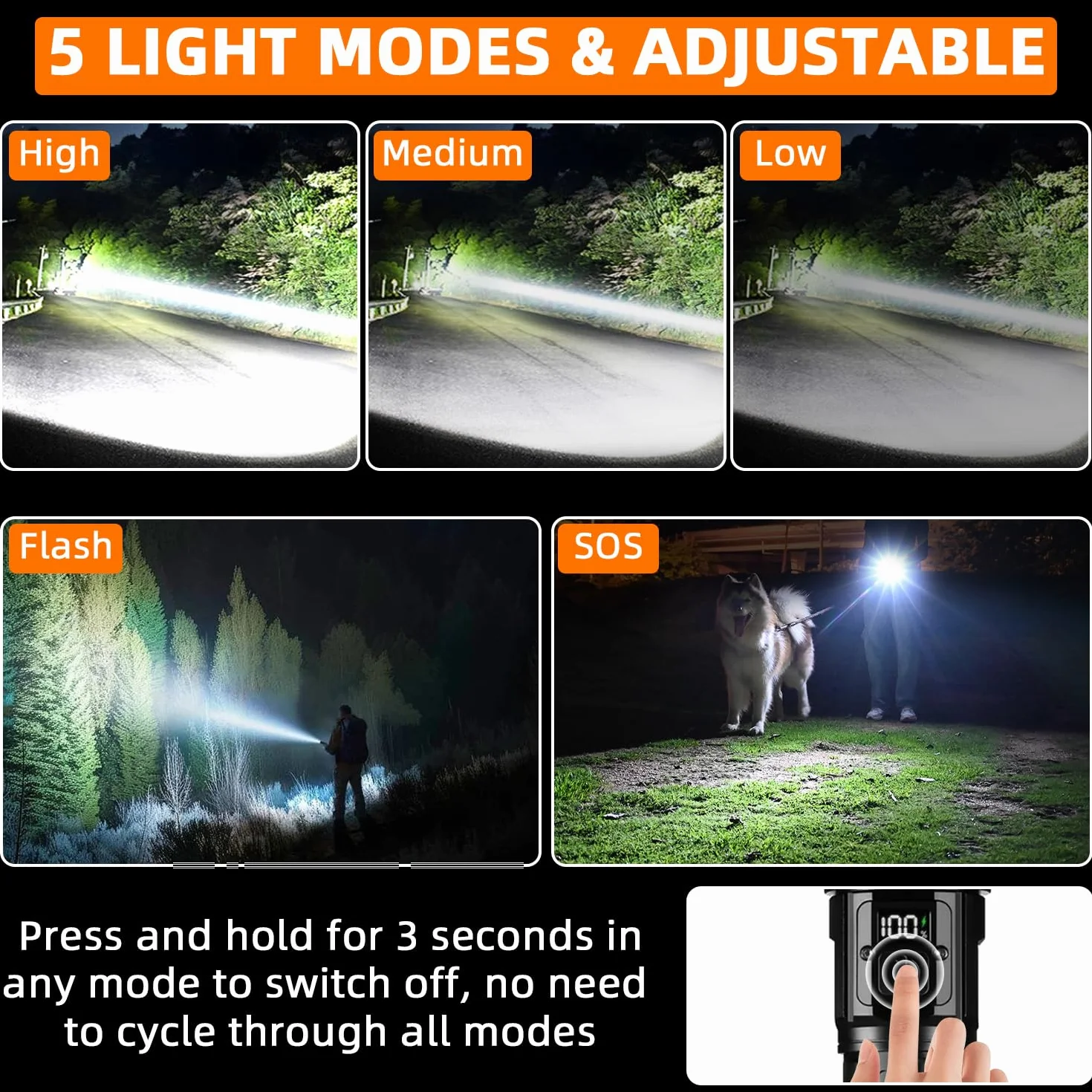 Lampe Torche LED Ultra Puissante, 1200000 Lumen Lampe de Poche Rechargeable avec Batterie 5000mAh,Lampe Torche Puissante de Zoomable 5 Modes, IP67 Étanche Torche Tactique pour Camping Randonnée Pêche