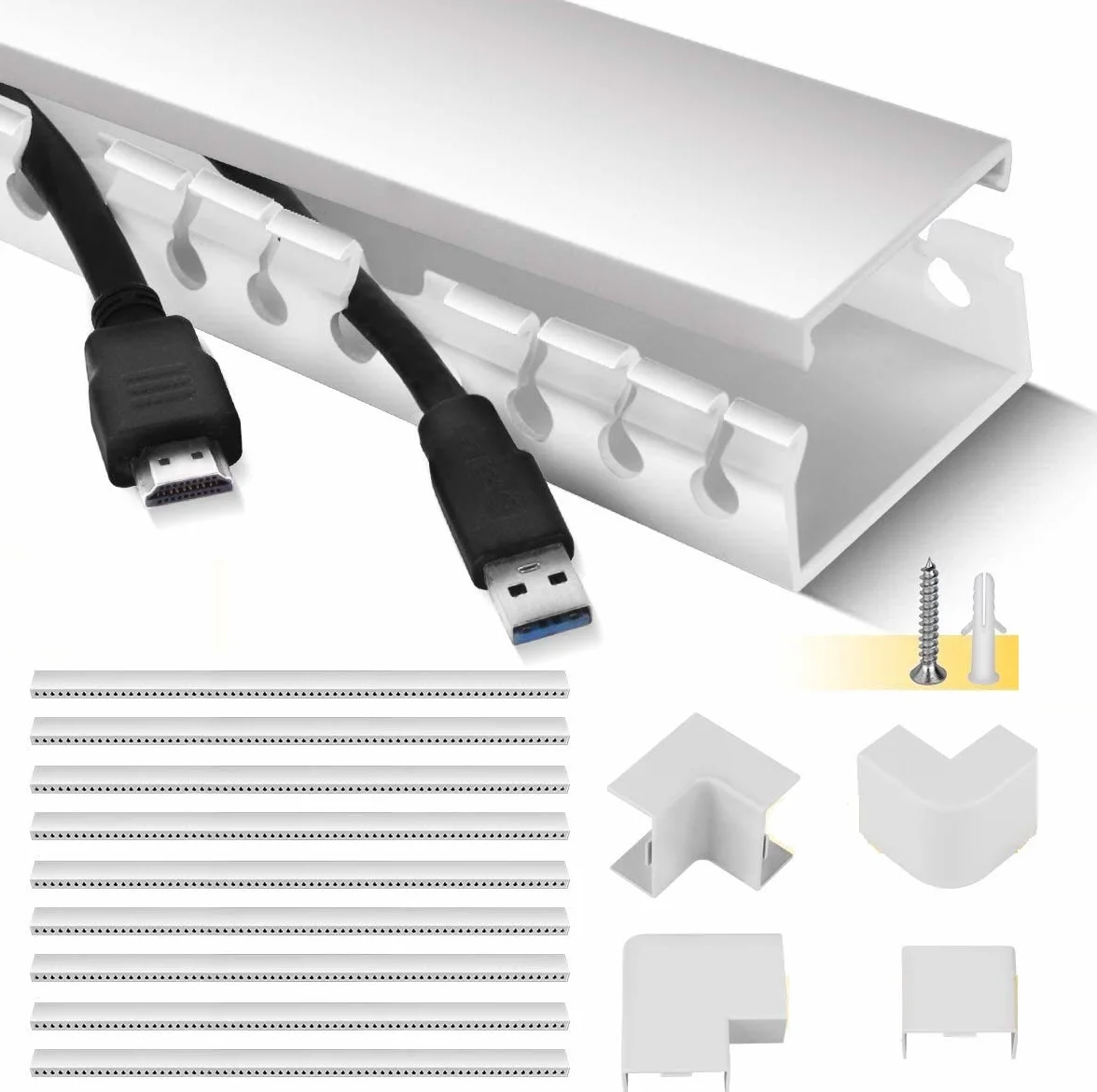 StaGeek Conduit de Câbles, 9 pièces Cache Câble Goulotte PVC Auto-adhésif, 3.5M Goulotte Passe Câble, Panneau de Gestion de câbles, Guide-câbles avec Conduit encoché, Organisateur pour câbles, Blanc