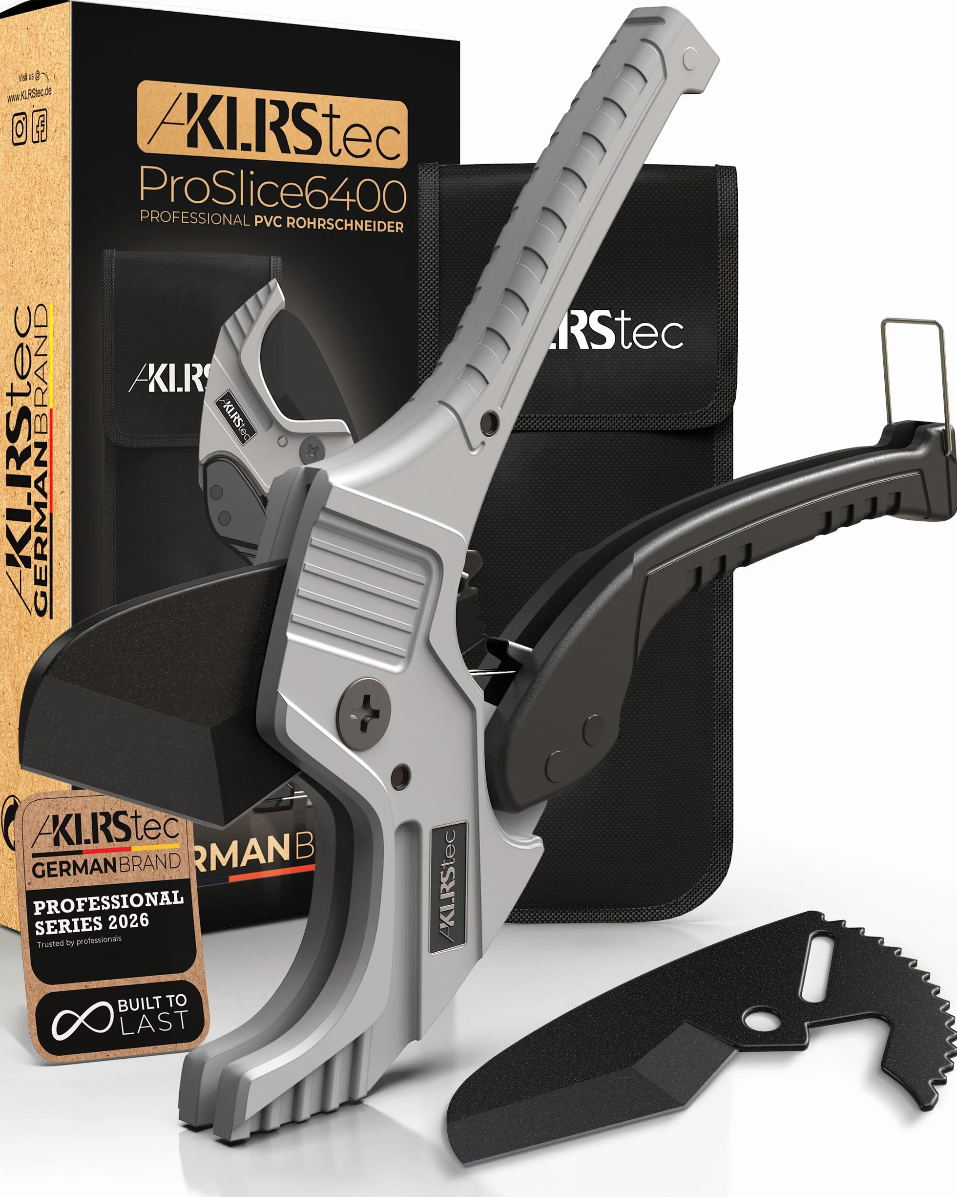 KLRStec Coupe-tubes professionnel en PVC ProSlice 6400 (64 mm / 2-1/2") Coupe-tube Professionnel à Cliquet – Inclut Lame de Rechange et Étui Nylon avec Clip Ceinture