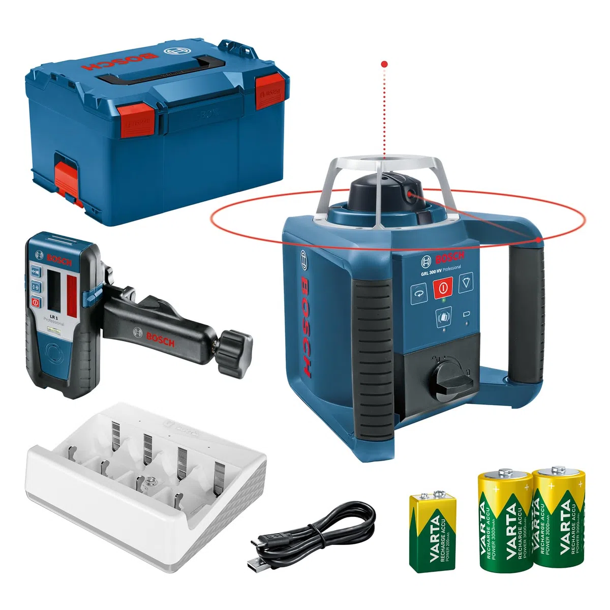 Bosch Professional Laser Rotatif GRL 300 HV (Laser Rouge, Cellule de Réception LR 1 avec support, Portée : jusqu'à 300 m (Diamètre), piles (2xD, 1x9V), Chargeur, dans L-Boxx)