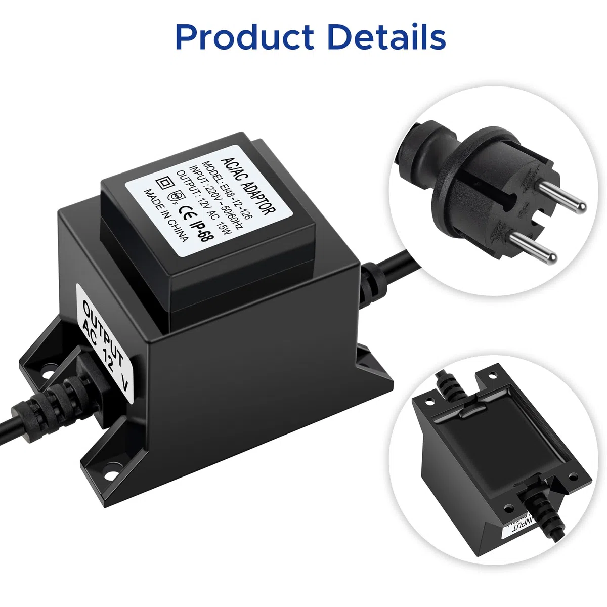 IP68 étanche Transformateur 12V Alimentation LED AC/AC 15W 1.25A Adaptateur LED Transfo pour éclairage et Pompes de Bassin
