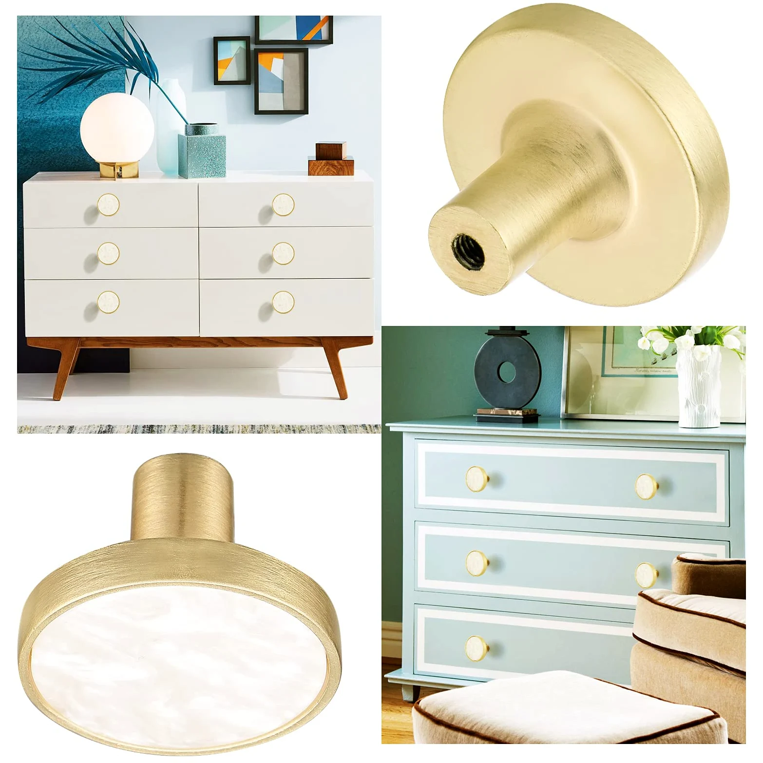 Kyrio Lot de 8 boutons de placard en laiton et marbre ronds blancs - Poignées décoratives pour tiroirs, armoires, meubles de cuisine