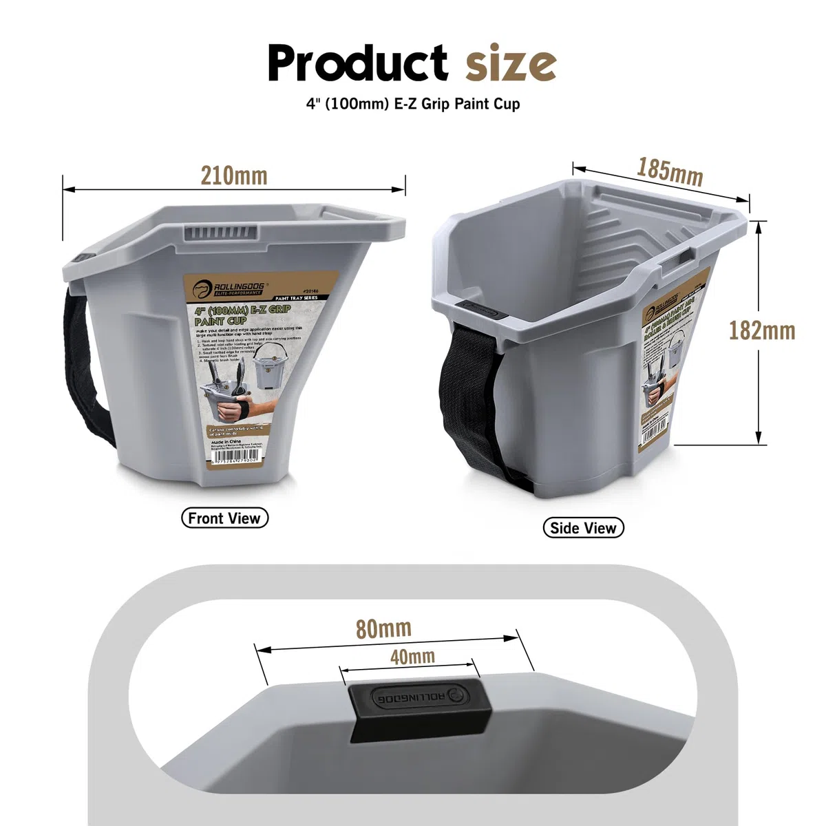 ROLLINGDOG Seau à peinture et gobelet à peinture de 100 mm avec support magnétique et sangle auto-agrippante, capacité de 1 l avec grille de chargement, peinture portable multi-positions pour projet