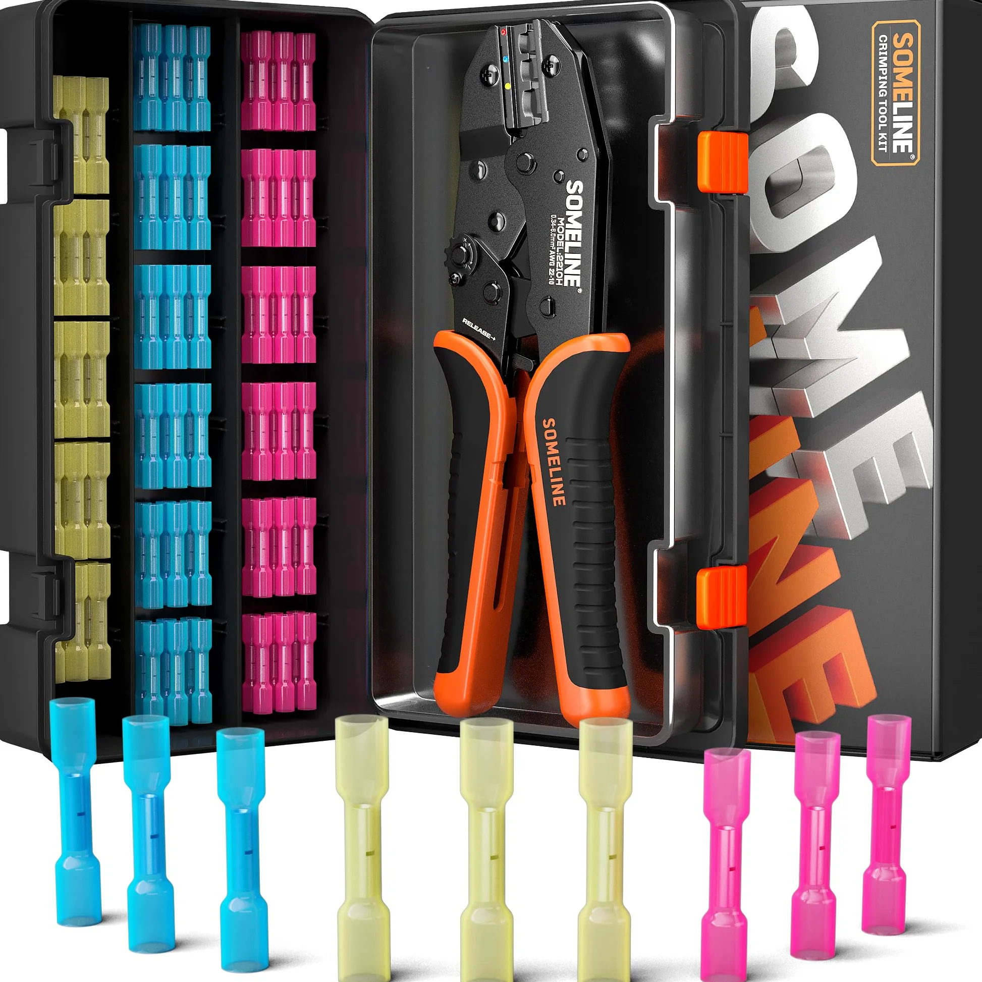 SOMELINE Pince à Sertir Cosse Thermorétractable Kit, Pince à Sertir 0,34-6 mm², avec 100 pcs Connecteur Thermorétractable, Cosse a Sertir Connecteur Electrique Etanche, for Cars and Boats