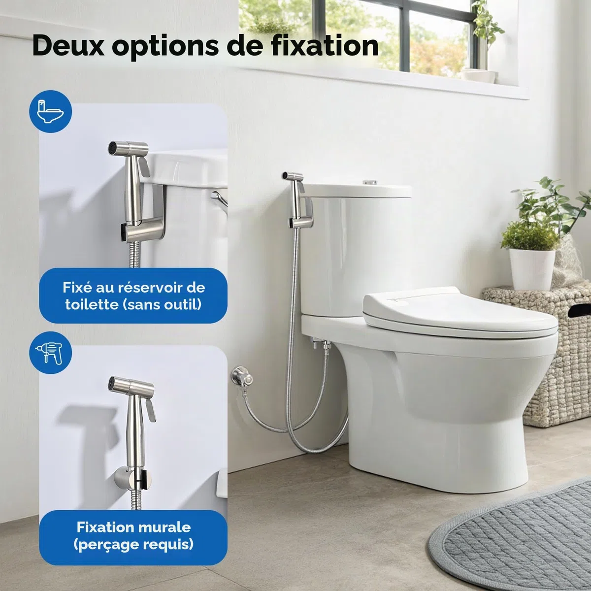 Douchette Toilette, WC Kit Complet,Kit WC, Pulvérisateur Pour l'hygiène Personnelle Quotidienne, Pomme de Douche Toilette avec Tuyau, Adaptateurs G1/2' et G3/8', Argent