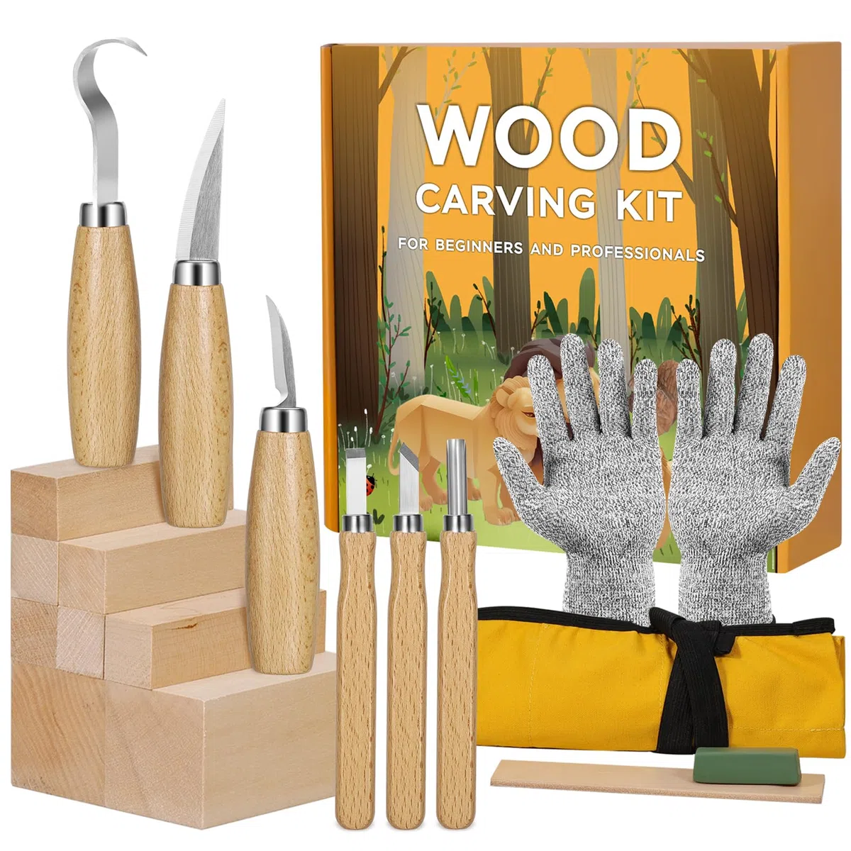 Kit d'outils de sculpture sur bois 18 en 1 pour adultes, enfants, débutants, 8 blocs de sculpture en bois de tilleul, kit de sculpture sur bois avec 6 couteaux de sculpture pour bois, taille-crayon