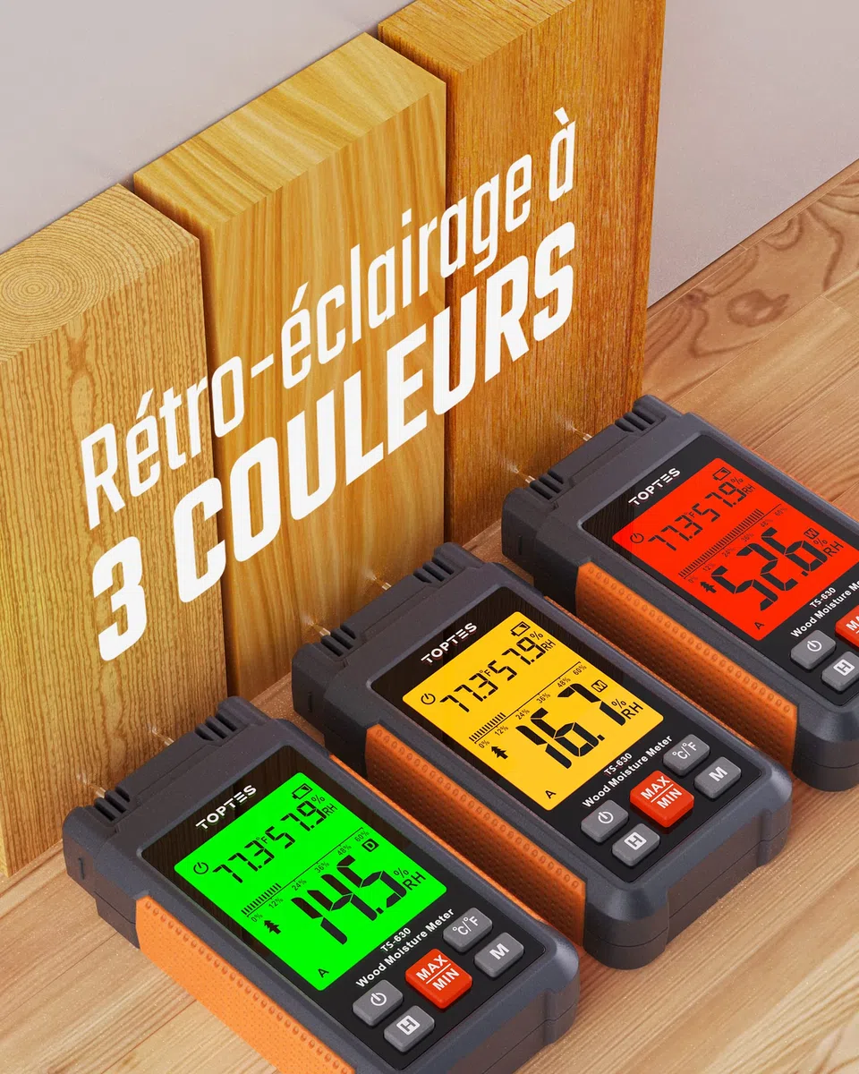 Testeur Humidité, TopTes TS630, Contrôle Rapide Teneur Bois Chauffage & Mur Construction, Grand Écran Rétroéclairé Tricolore, avec 7 Modes, Batterie Incluse