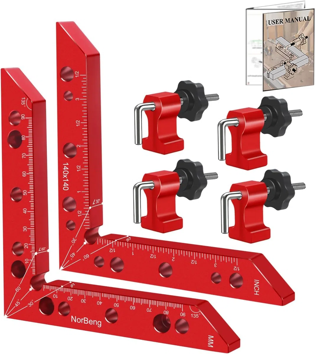 Serre Joint Angle à 90 Degrés,Pince à angle droit,Presses d'angles en d'aluminium,Fixation à Angle Droit, Outils de Travail du Bois Pour Armoires,Cadre Photo,Tiroirs- 2 Ensembles (14 cm/5,5") Rouge