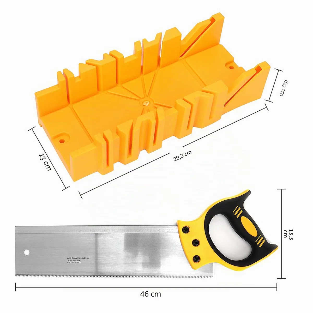Boîte à onglets avec scie, boîte à onglets avec scie à dos, guide à onglet en plastique avec compartiment de scie, boîte à scie à onglet pour travail du bois, angle de 22,5°, 45°, 90° réglable